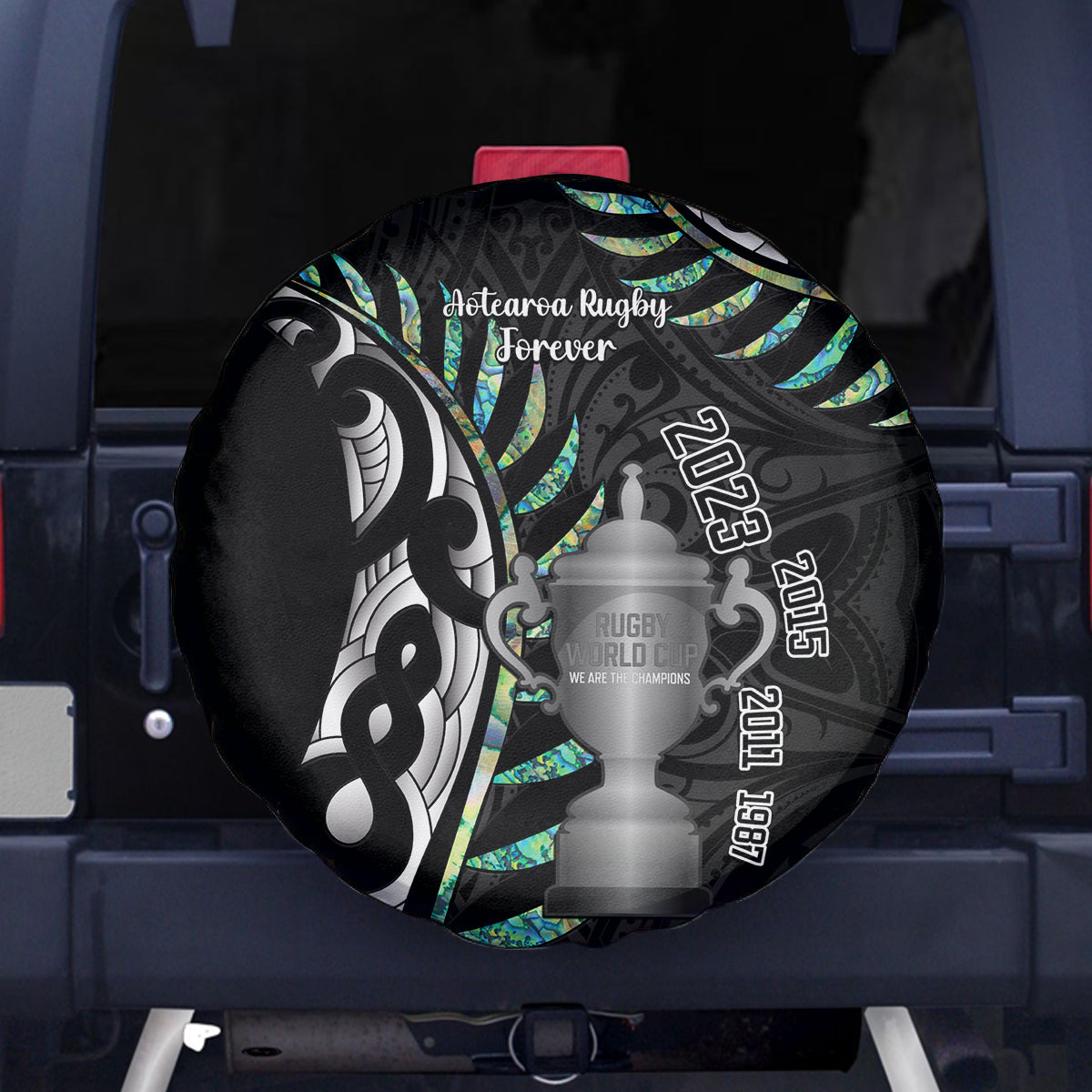 Personalised New Zealand Silver Fern Rugby Spare Tire Cover Paua Shell With Champions Trophy History NZ Forever - Vibe Hoodie Shop