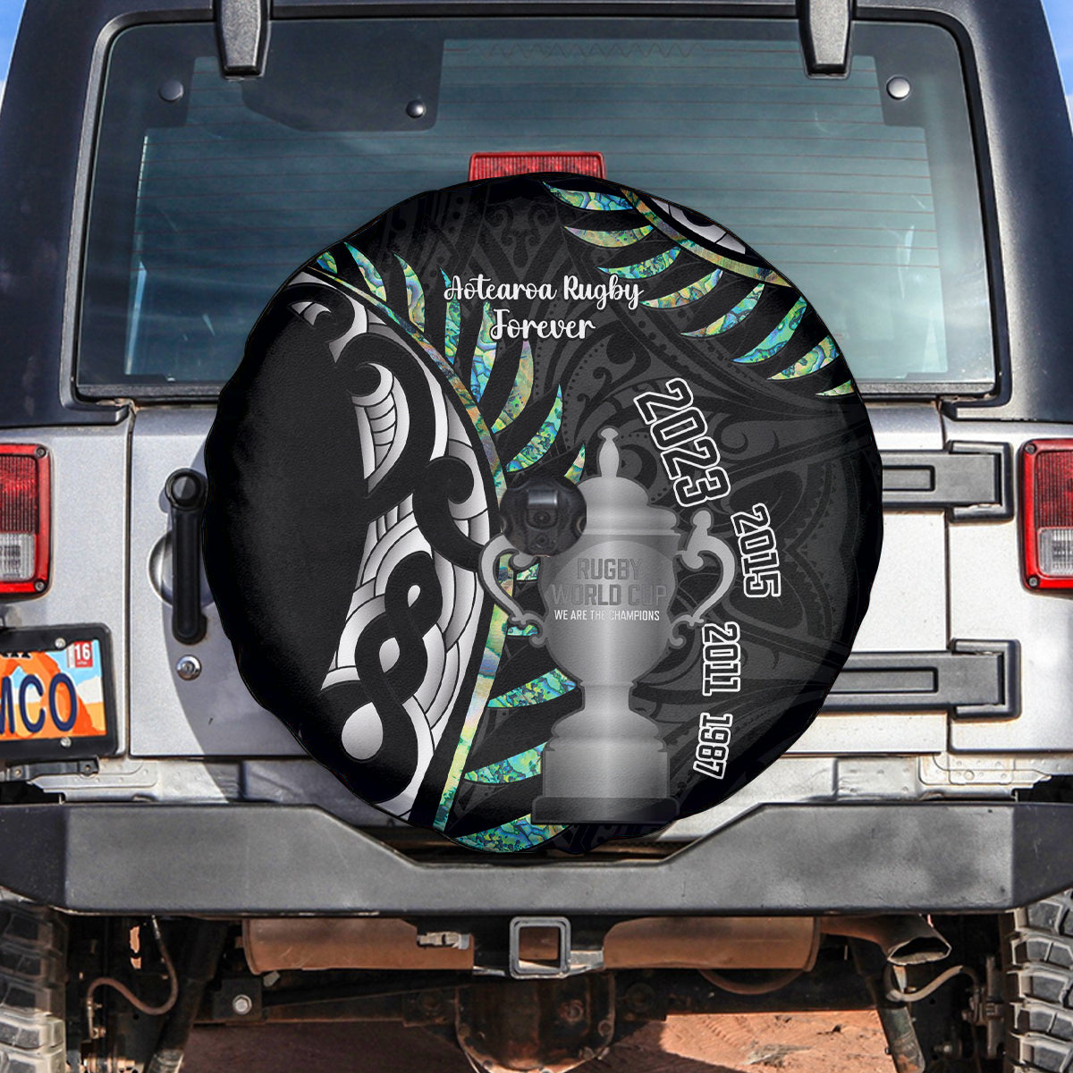 Personalised New Zealand Silver Fern Rugby Spare Tire Cover Paua Shell With Champions Trophy History NZ Forever - Vibe Hoodie Shop