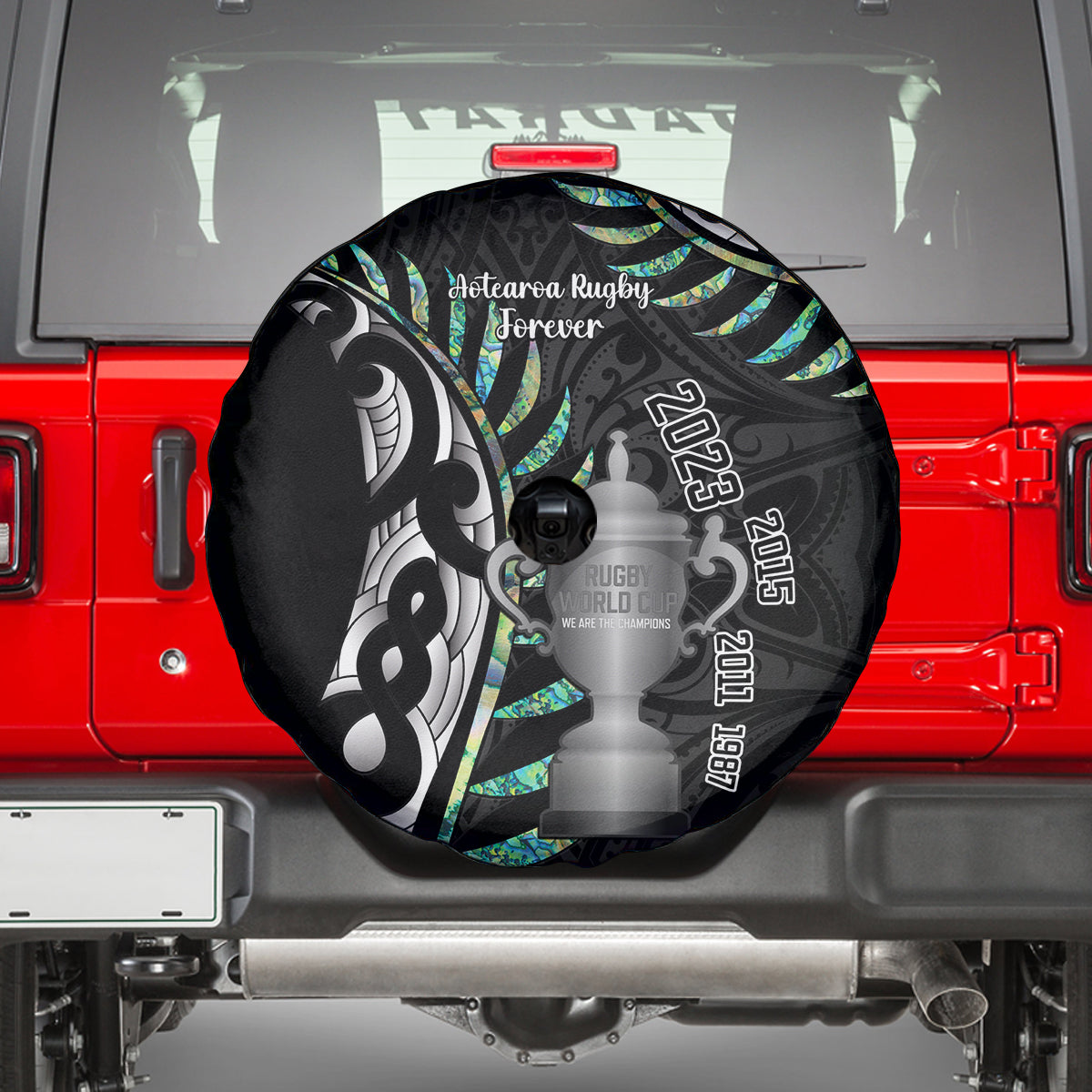 Personalised New Zealand Silver Fern Rugby Spare Tire Cover Paua Shell With Champions Trophy History NZ Forever - Vibe Hoodie Shop