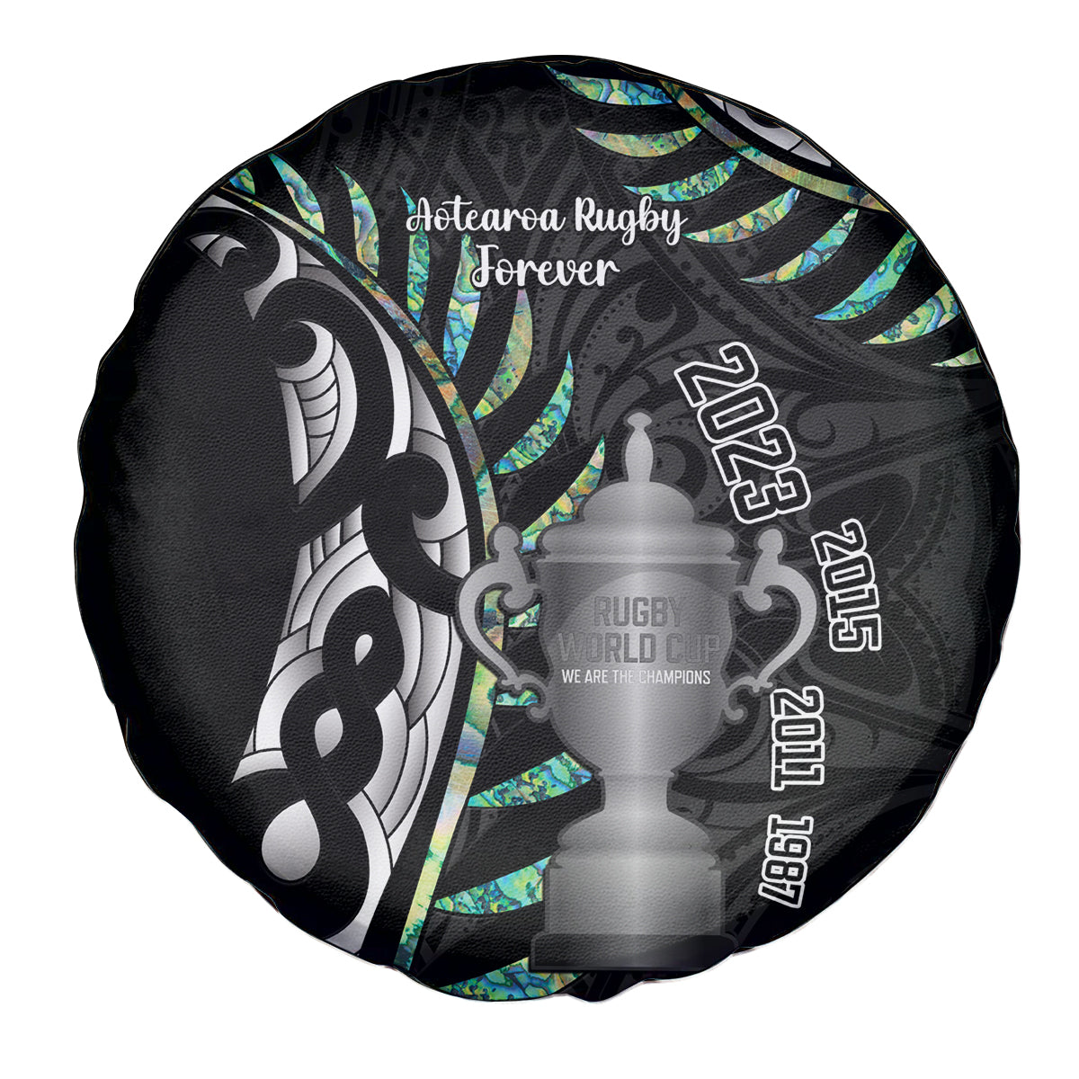 Personalised New Zealand Silver Fern Rugby Spare Tire Cover Paua Shell With Champions Trophy History NZ Forever - Vibe Hoodie Shop