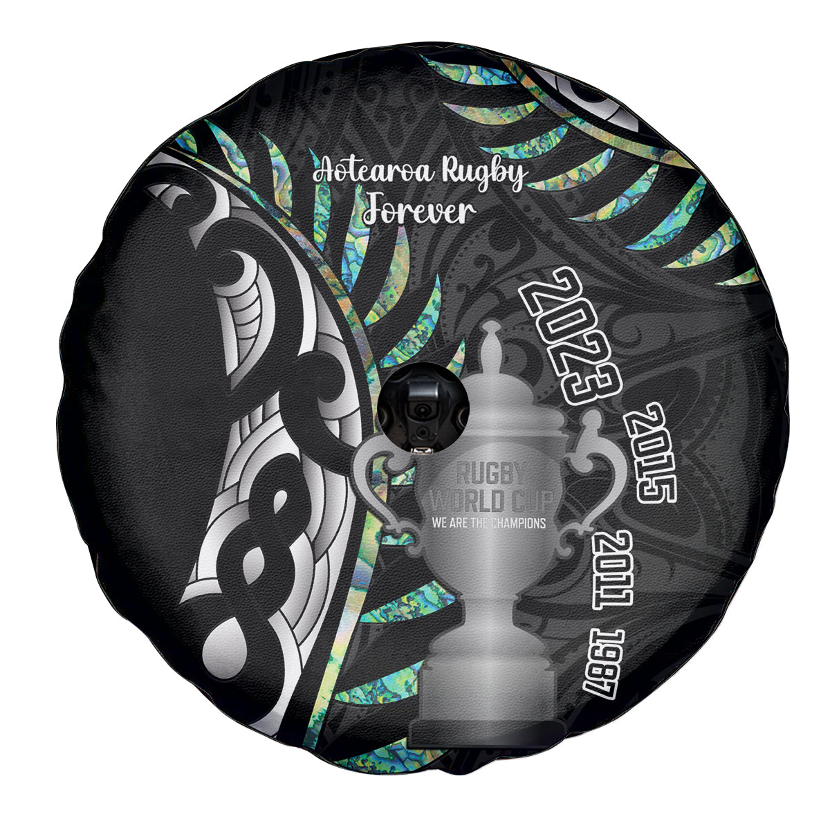 Personalised New Zealand Silver Fern Rugby Spare Tire Cover Paua Shell With Champions Trophy History NZ Forever - Vibe Hoodie Shop