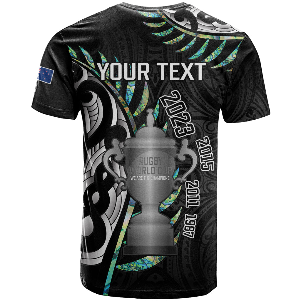 Personalised New Zealand Silver Fern Rugby T Shirt Paua Shell With Champions Trophy History NZ Forever - Vibe Hoodie Shop