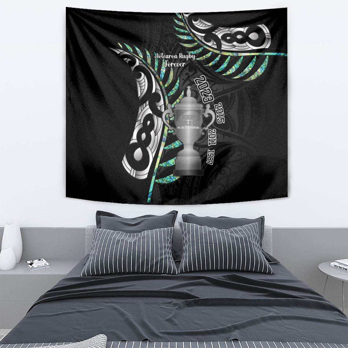 Personalised New Zealand Silver Fern Rugby Tapestry Paua Shell With Champions Trophy History NZ Forever - Vibe Hoodie Shop