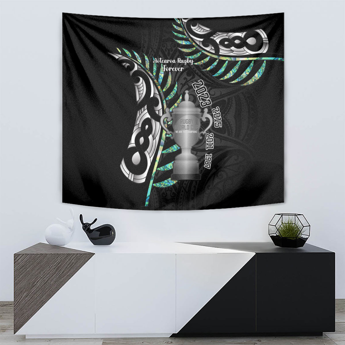 Personalised New Zealand Silver Fern Rugby Tapestry Paua Shell With Champions Trophy History NZ Forever - Vibe Hoodie Shop