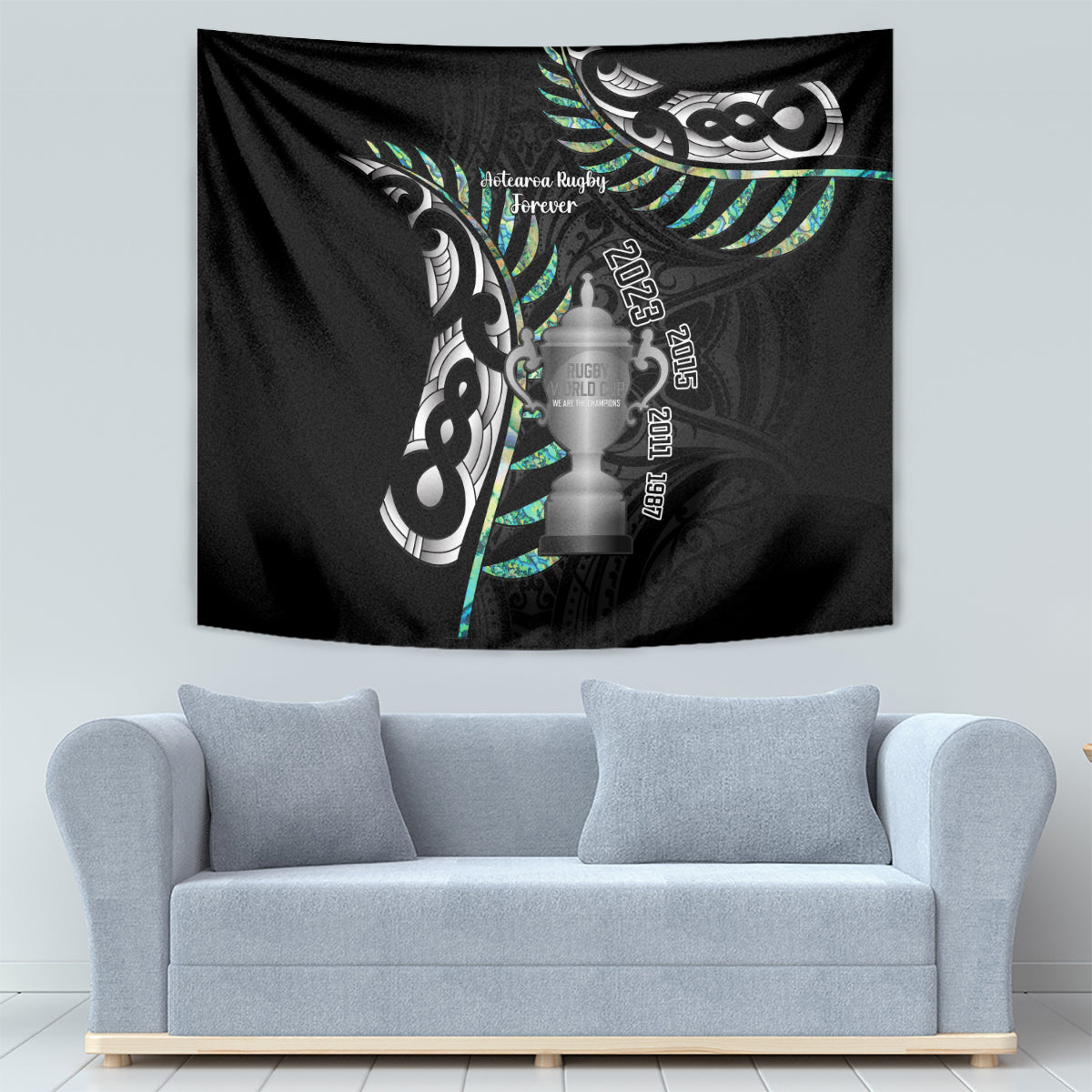 Personalised New Zealand Silver Fern Rugby Tapestry Paua Shell With Champions Trophy History NZ Forever - Vibe Hoodie Shop