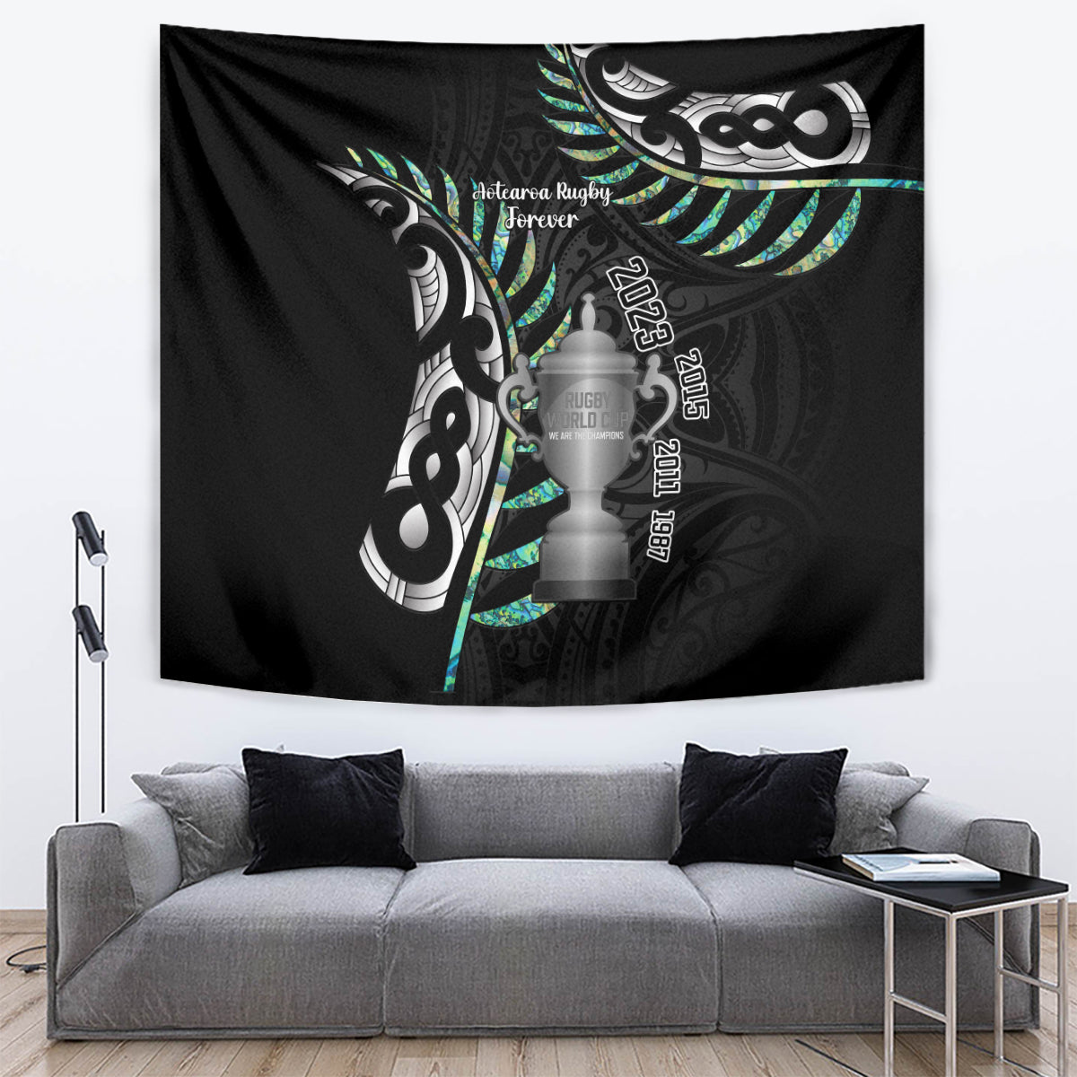 Personalised New Zealand Silver Fern Rugby Tapestry Paua Shell With Champions Trophy History NZ Forever - Vibe Hoodie Shop