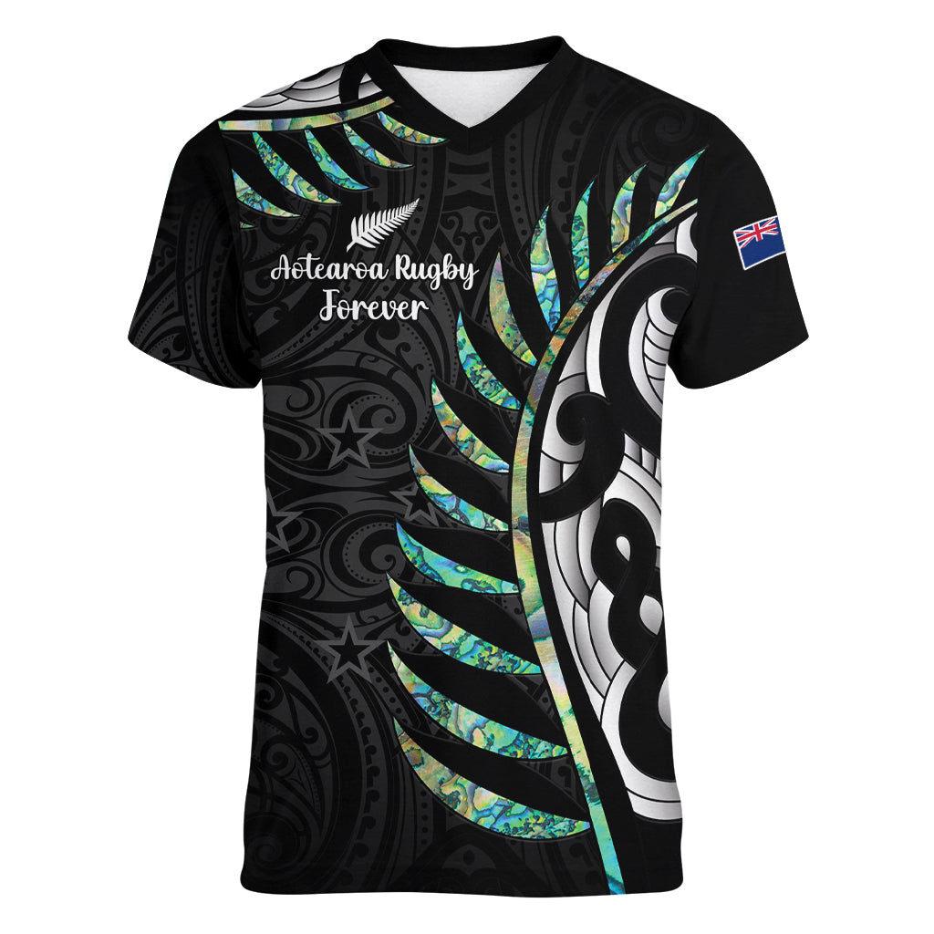 Personalised New Zealand Silver Fern Rugby Women V Neck T Shirt Paua Shell With Champions Trophy History NZ Forever - Vibe Hoodie Shop