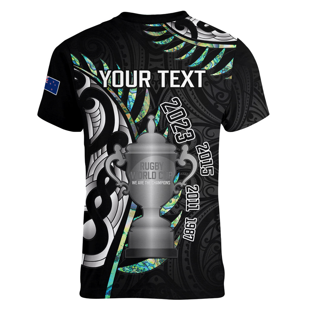 Personalised New Zealand Silver Fern Rugby Women V Neck T Shirt Paua Shell With Champions Trophy History NZ Forever - Vibe Hoodie Shop