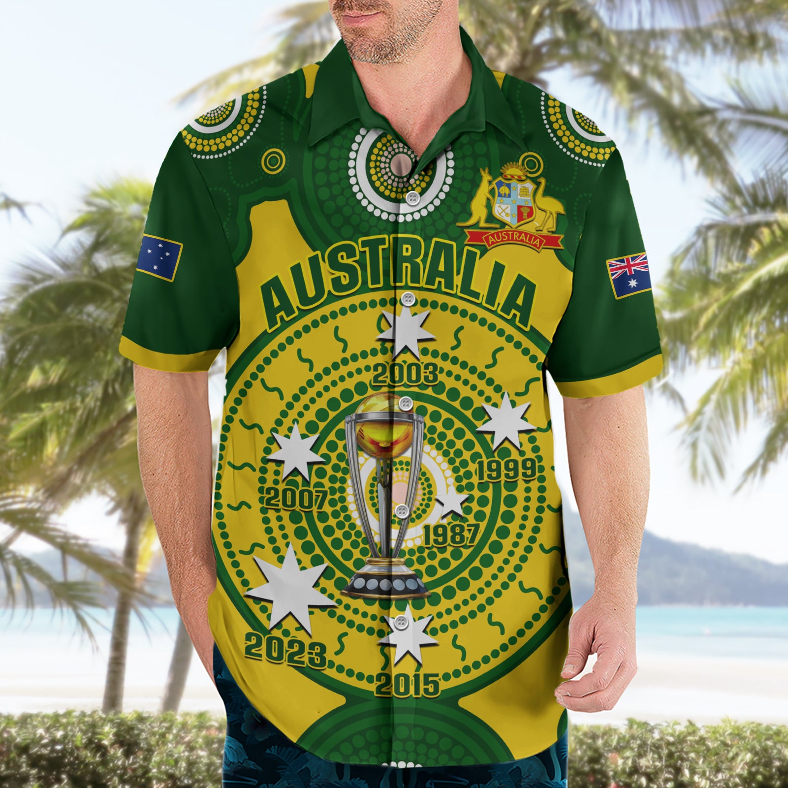 Australia Cricket Hawaiian Shirt 2023 World Cup 6th Champions Trophy National Color - Vibe Hoodie Shop