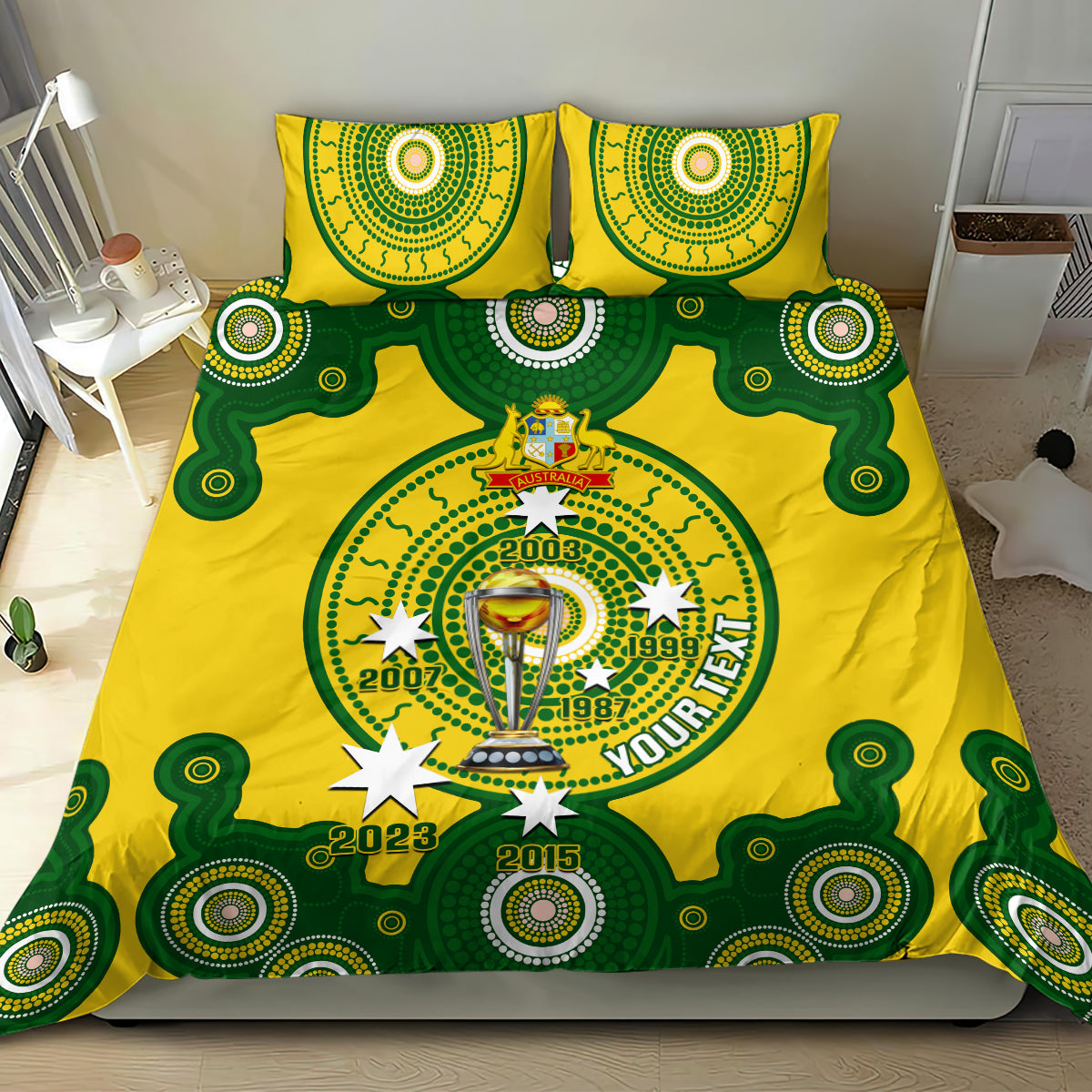 Personalised Australia Cricket Bedding Set 2023 World Cup 6th Champions Trophy National Color - Vibe Hoodie Shop