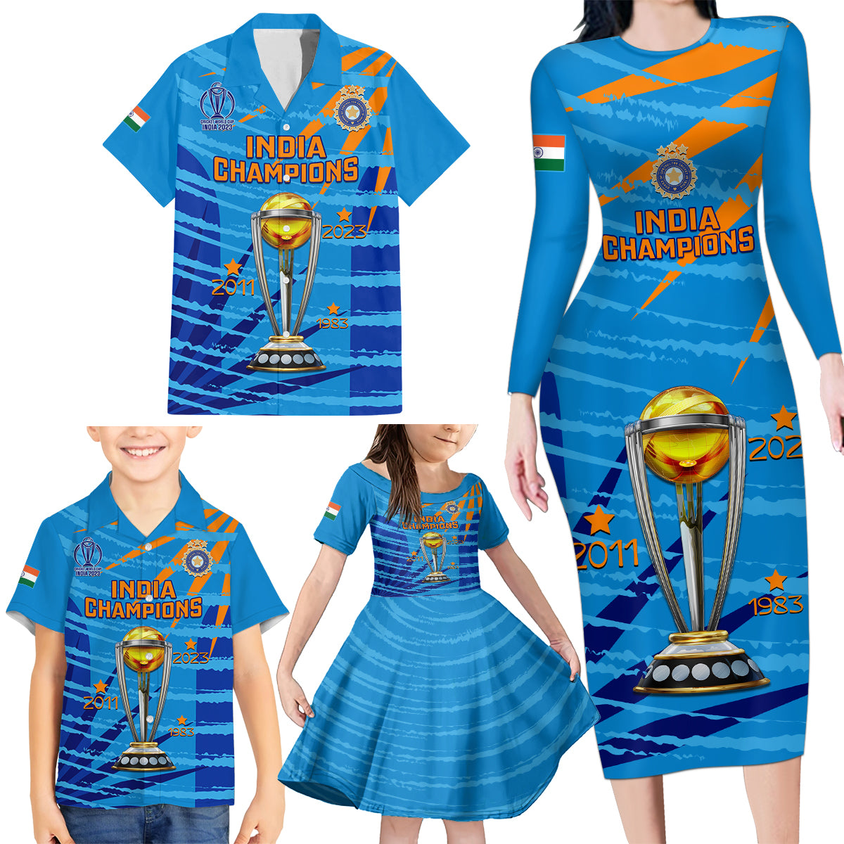 custom-india-cricket-family-matching-long-sleeve-bodycon-dress-and-hawaiian-shirt-2023-world-cup-3rd-champions-proud