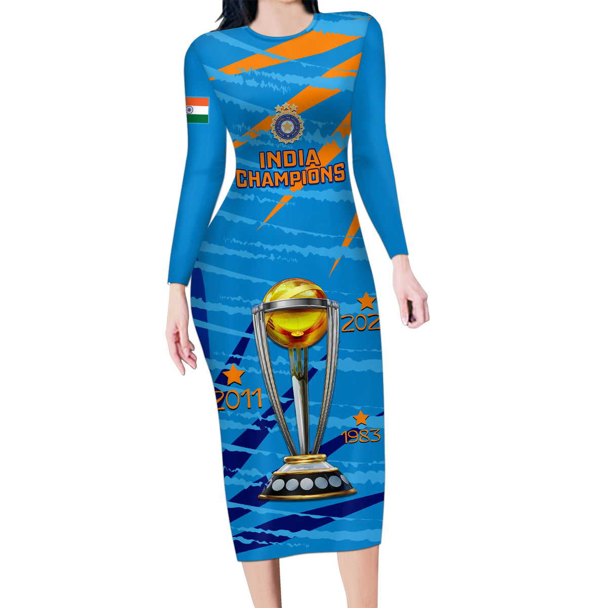 custom-india-cricket-family-matching-long-sleeve-bodycon-dress-and-hawaiian-shirt-2023-world-cup-3rd-champions-proud