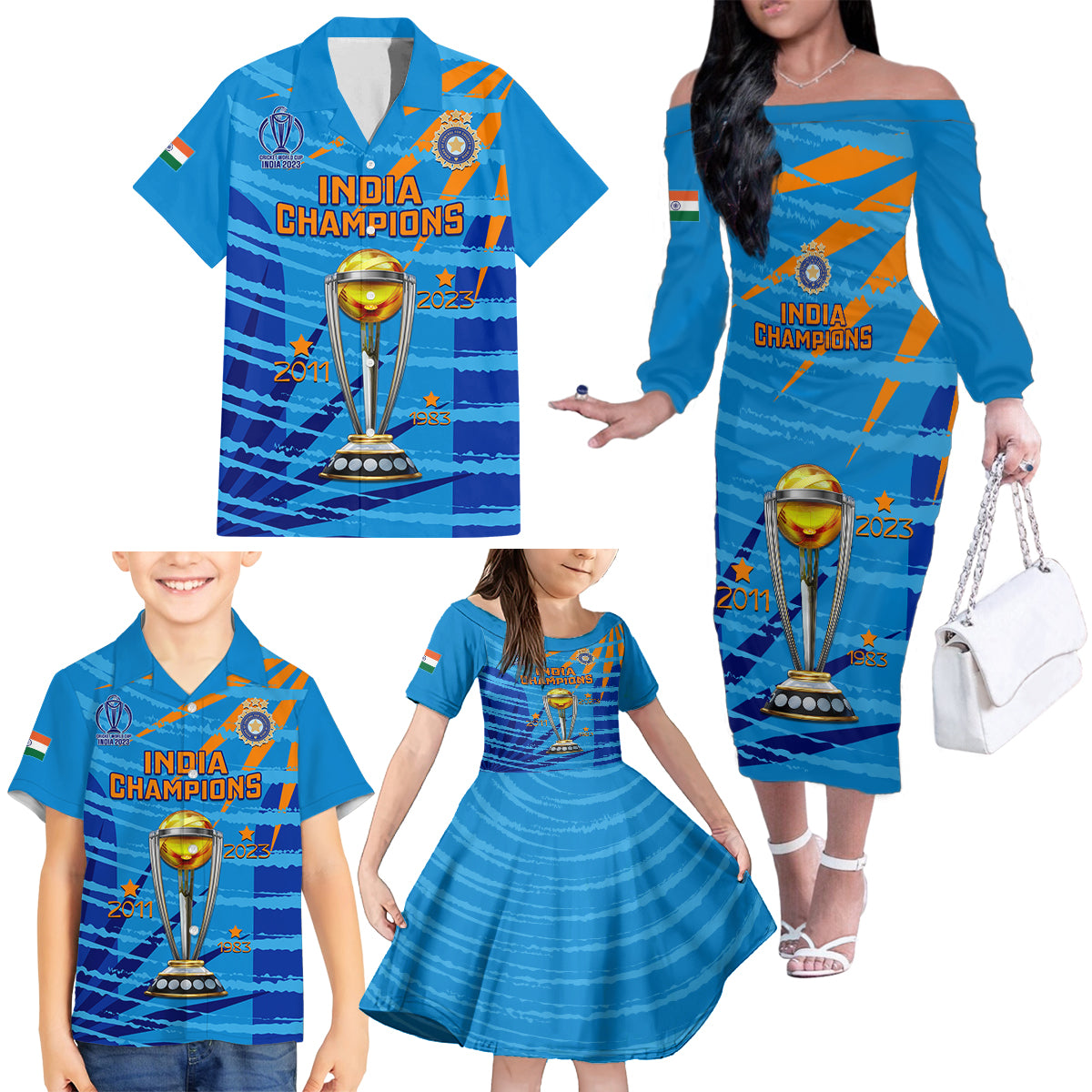 custom-india-cricket-family-matching-off-shoulder-long-sleeve-dress-and-hawaiian-shirt-2023-world-cup-3rd-champions-proud