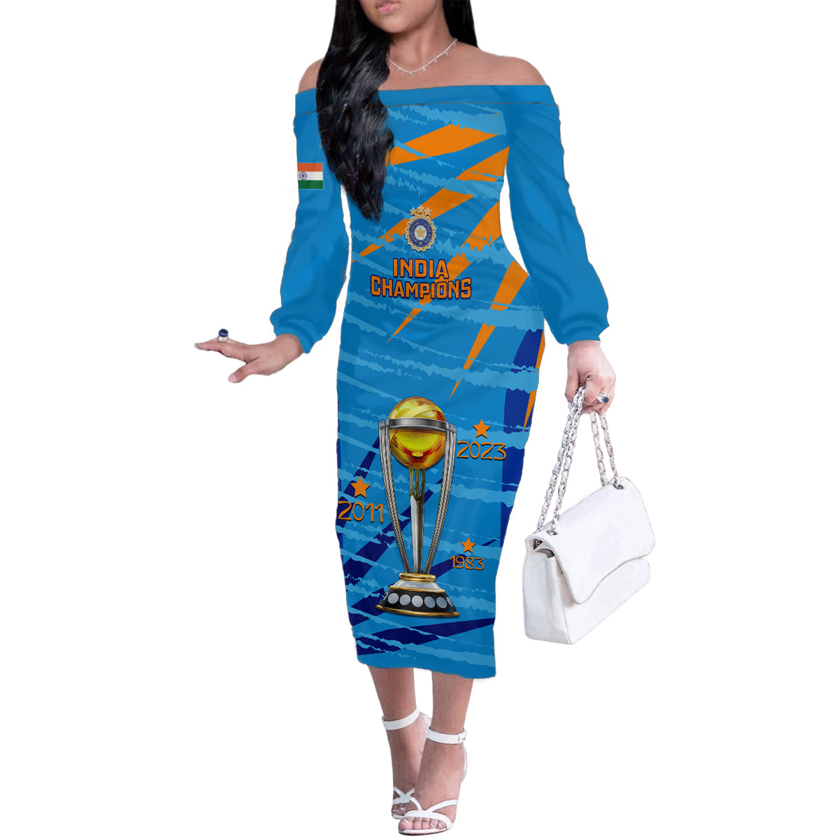 custom-india-cricket-family-matching-off-shoulder-long-sleeve-dress-and-hawaiian-shirt-2023-world-cup-3rd-champions-proud