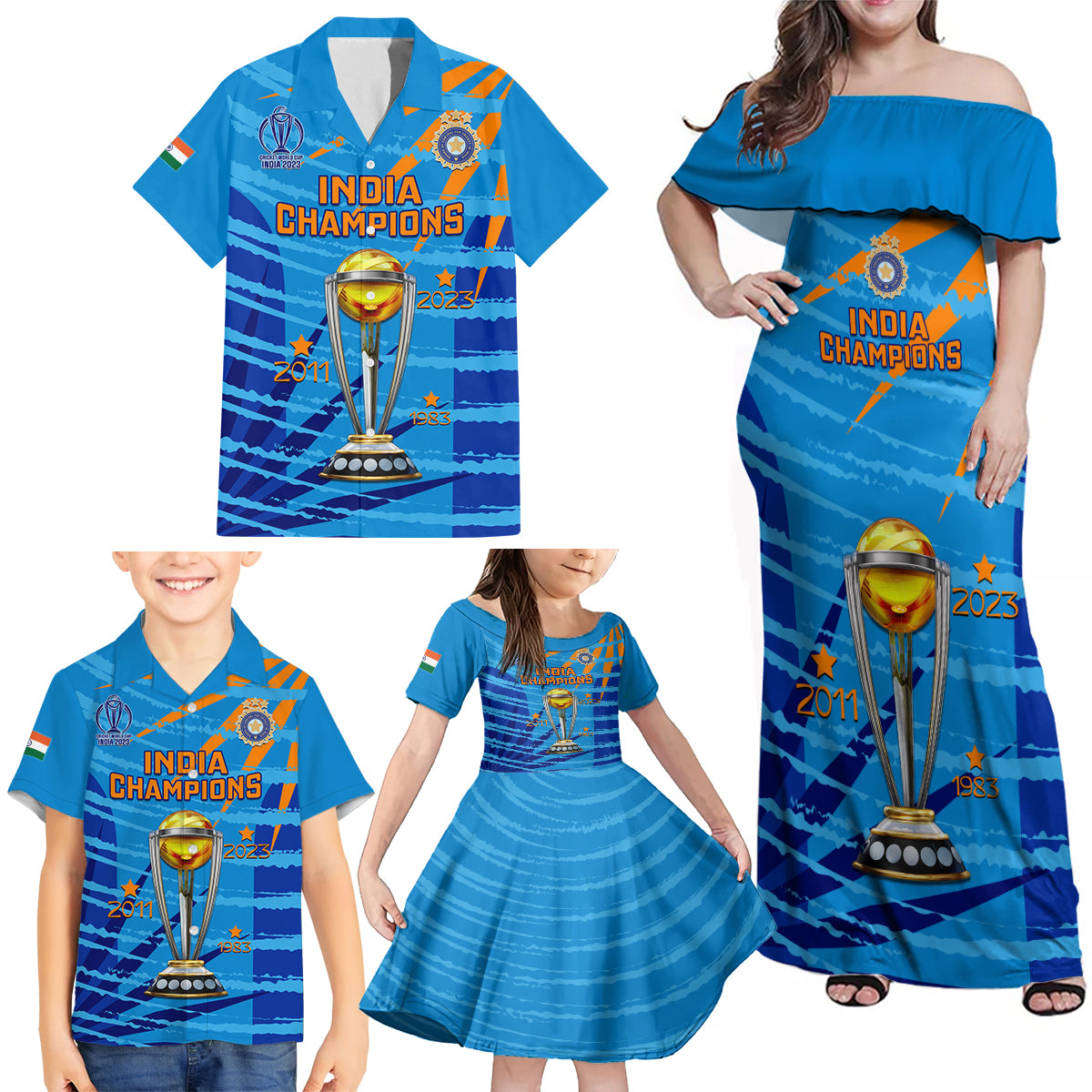 custom-india-cricket-family-matching-off-shoulder-maxi-dress-and-hawaiian-shirt-2023-world-cup-3rd-champions-proud