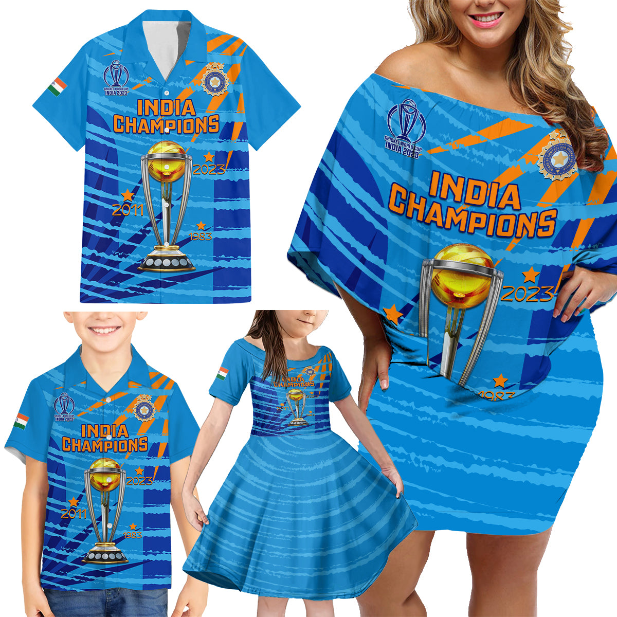 custom-india-cricket-family-matching-off-shoulder-short-dress-and-hawaiian-shirt-2023-world-cup-3rd-champions-proud