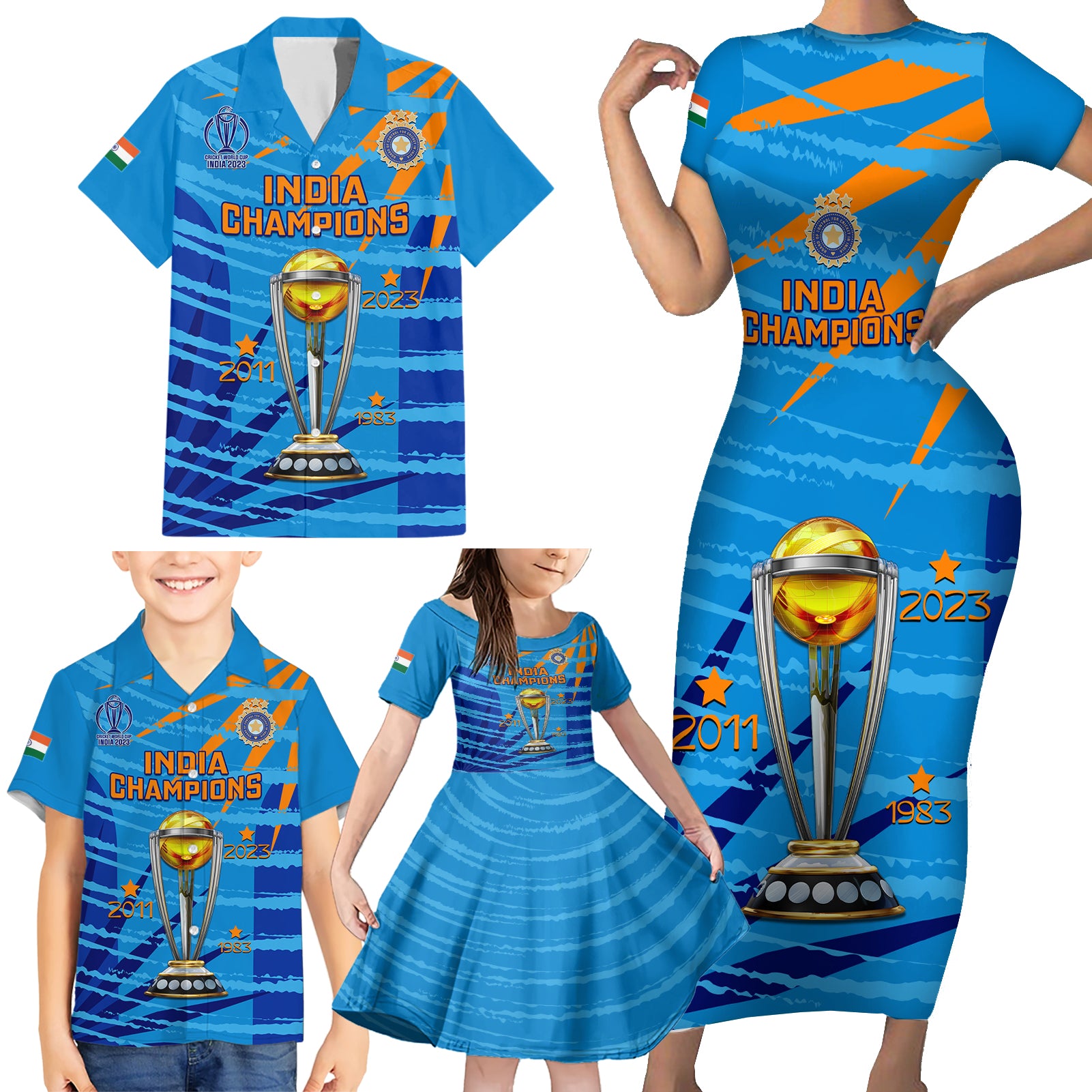 custom-india-cricket-family-matching-short-sleeve-bodycon-dress-and-hawaiian-shirt-2023-world-cup-3rd-champions-proud