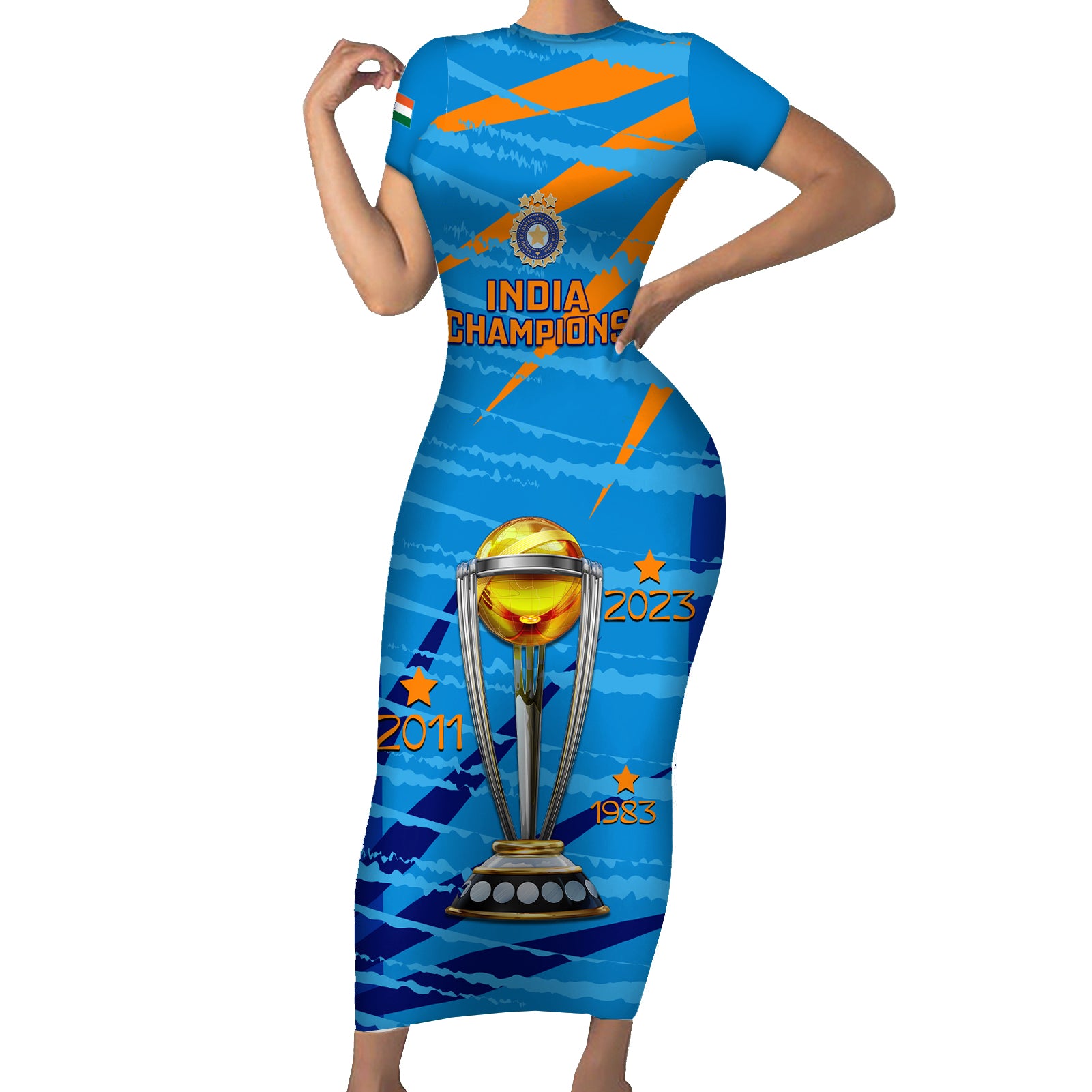 custom-india-cricket-family-matching-short-sleeve-bodycon-dress-and-hawaiian-shirt-2023-world-cup-3rd-champions-proud