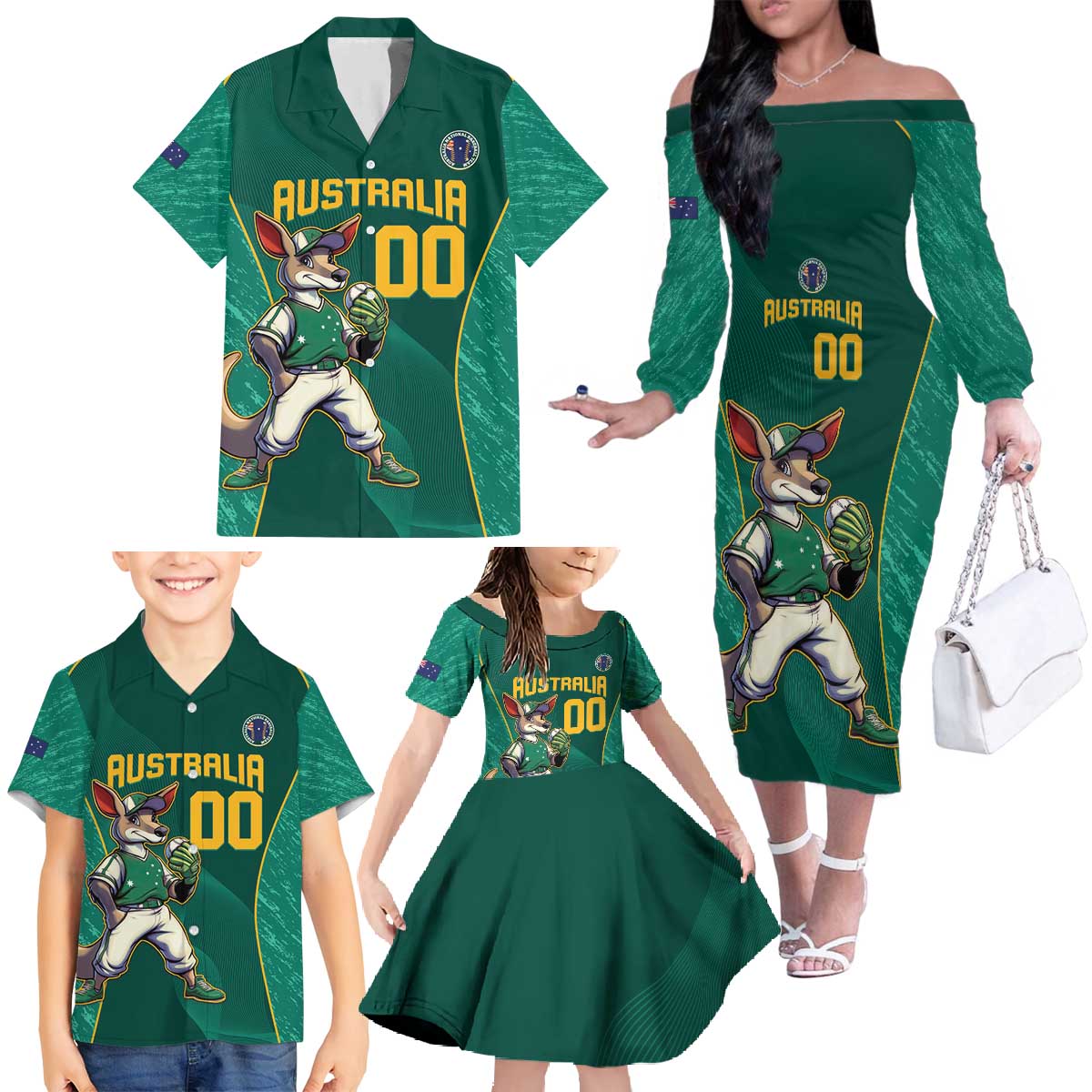 Custom Baseball Australia Family Matching Off The Shoulder Long Sleeve Dress and Hawaiian Shirt Go Champions - Aussie Kangaroo Mascot