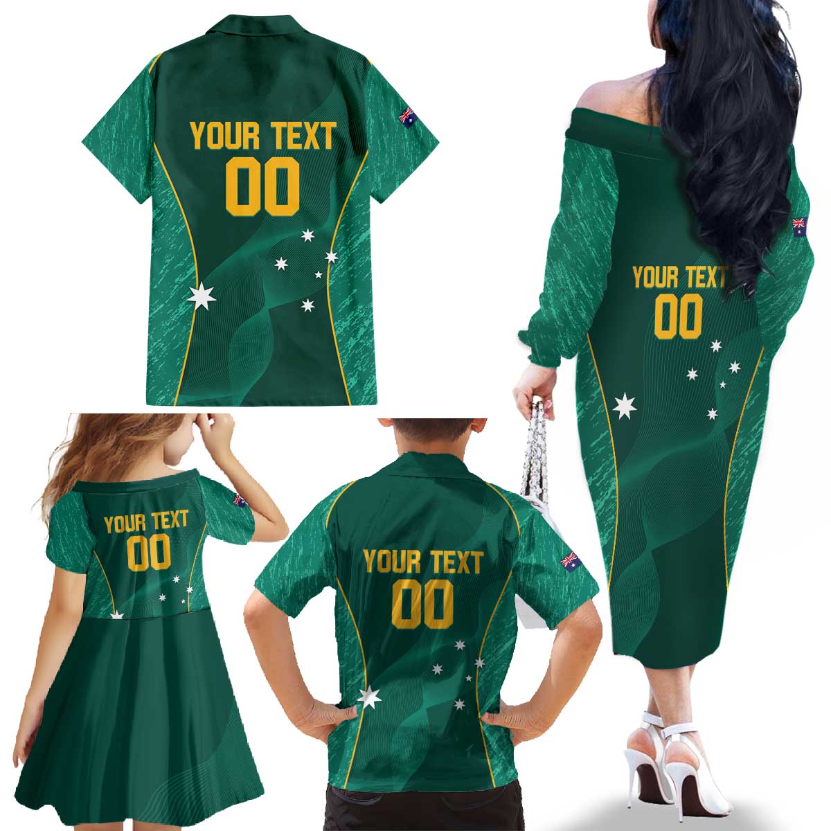 Custom Baseball Australia Family Matching Off The Shoulder Long Sleeve Dress and Hawaiian Shirt Go Champions - Aussie Kangaroo Mascot