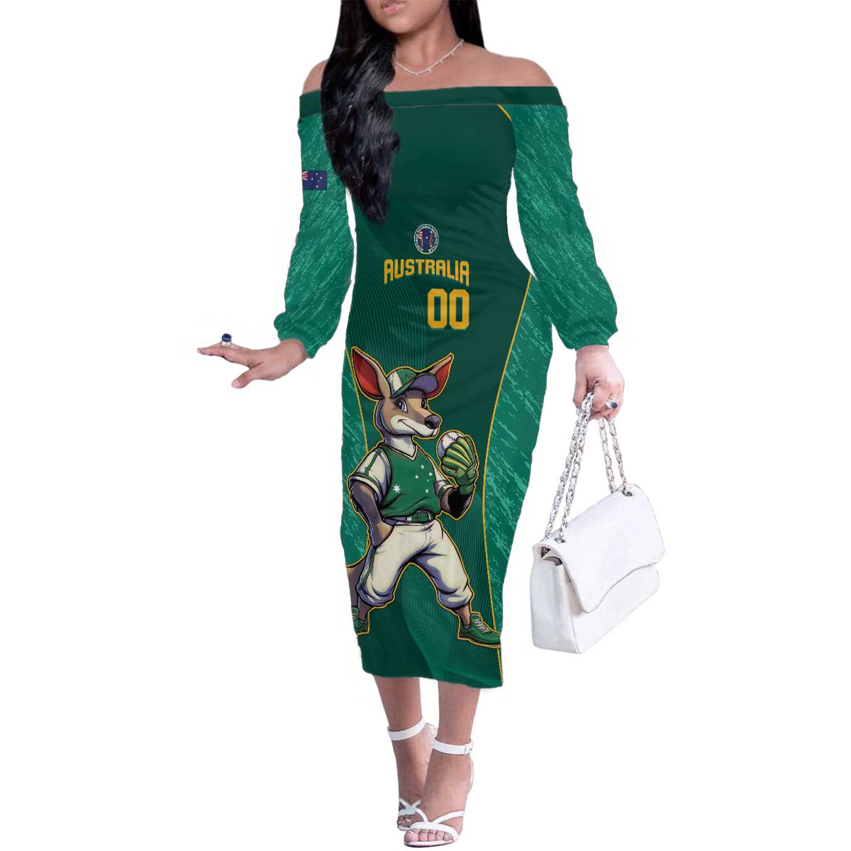 Custom Baseball Australia Family Matching Off The Shoulder Long Sleeve Dress and Hawaiian Shirt Go Champions - Aussie Kangaroo Mascot