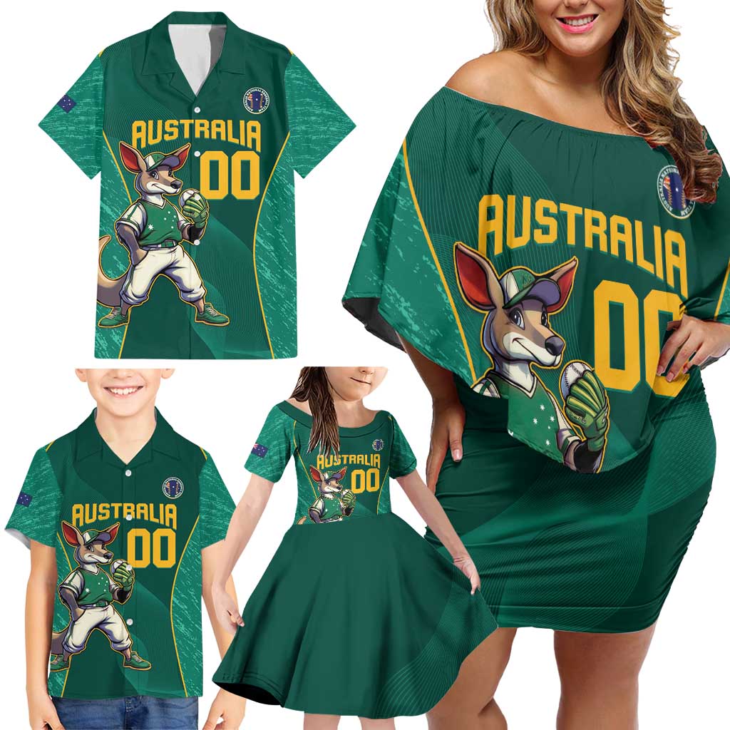 Custom Baseball Australia Family Matching Off Shoulder Short Dress and Hawaiian Shirt Go Champions - Aussie Kangaroo Mascot