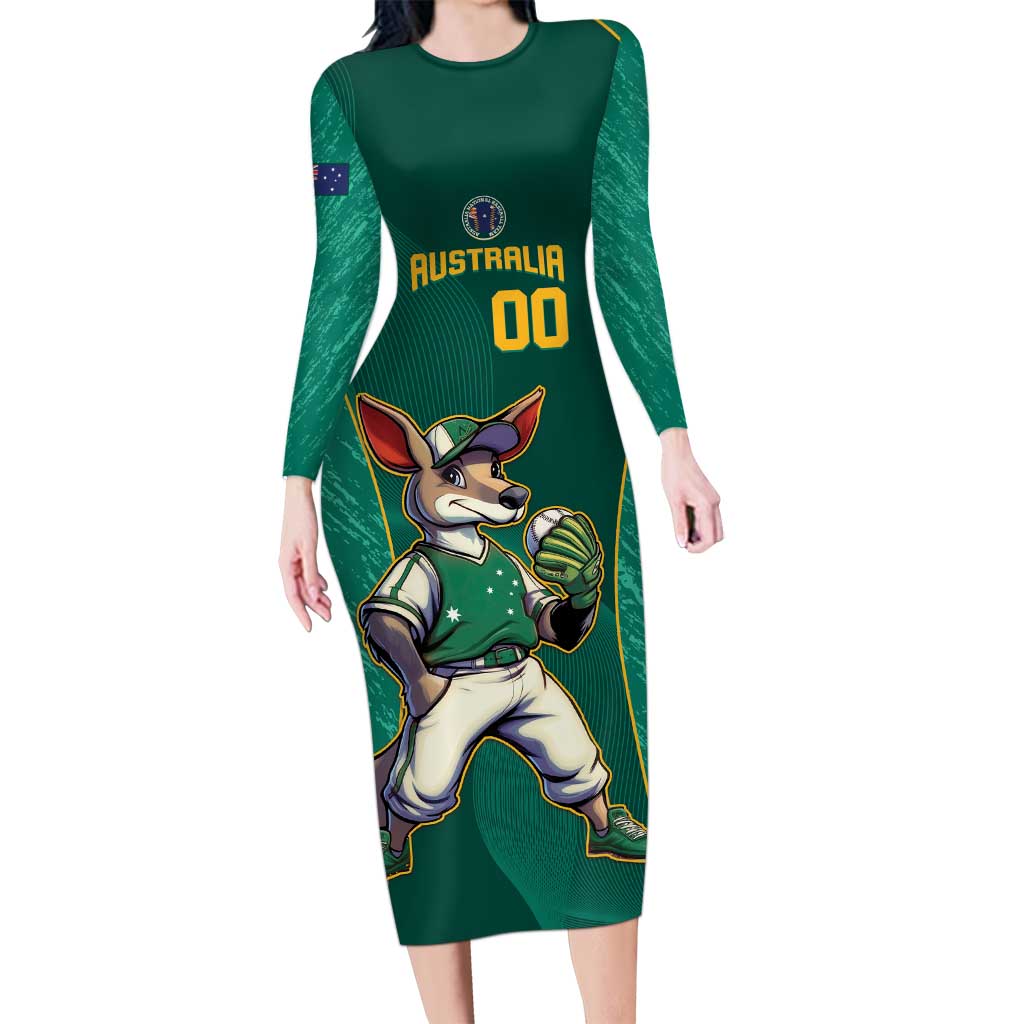 Custom Baseball Australia Long Sleeve Bodycon Dress Go Champions - Aussie Kangaroo Mascot
