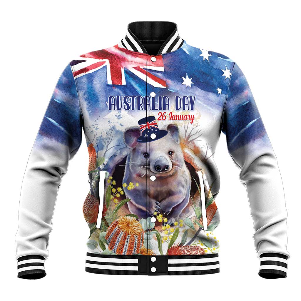 Wombat Australia Day Baseball Jacket Happy 26 January - Banksia Watercolor - Vibe Hoodie Shop