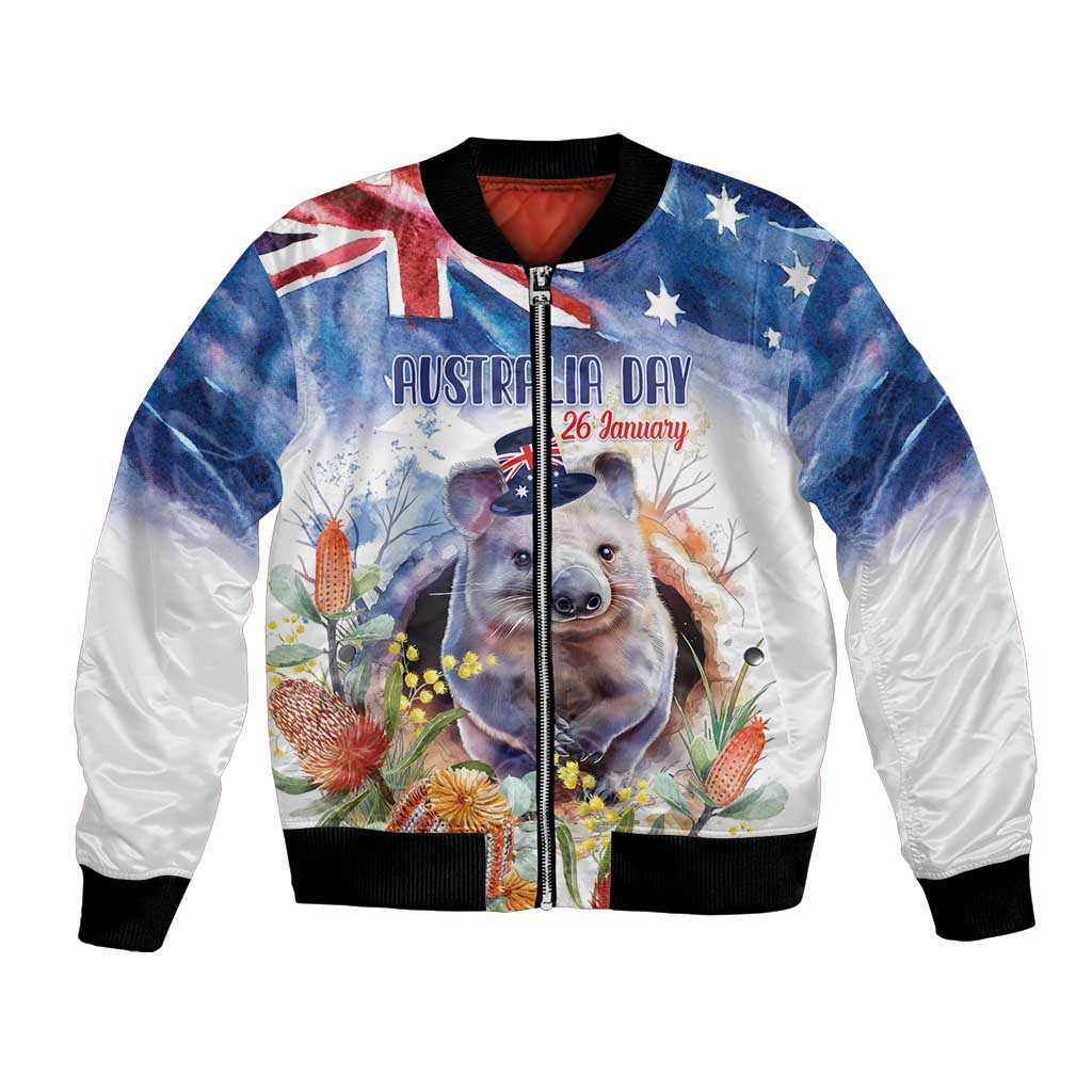 Wombat Australia Day Bomber Jacket Happy 26 January - Banksia Watercolor - Vibe Hoodie Shop