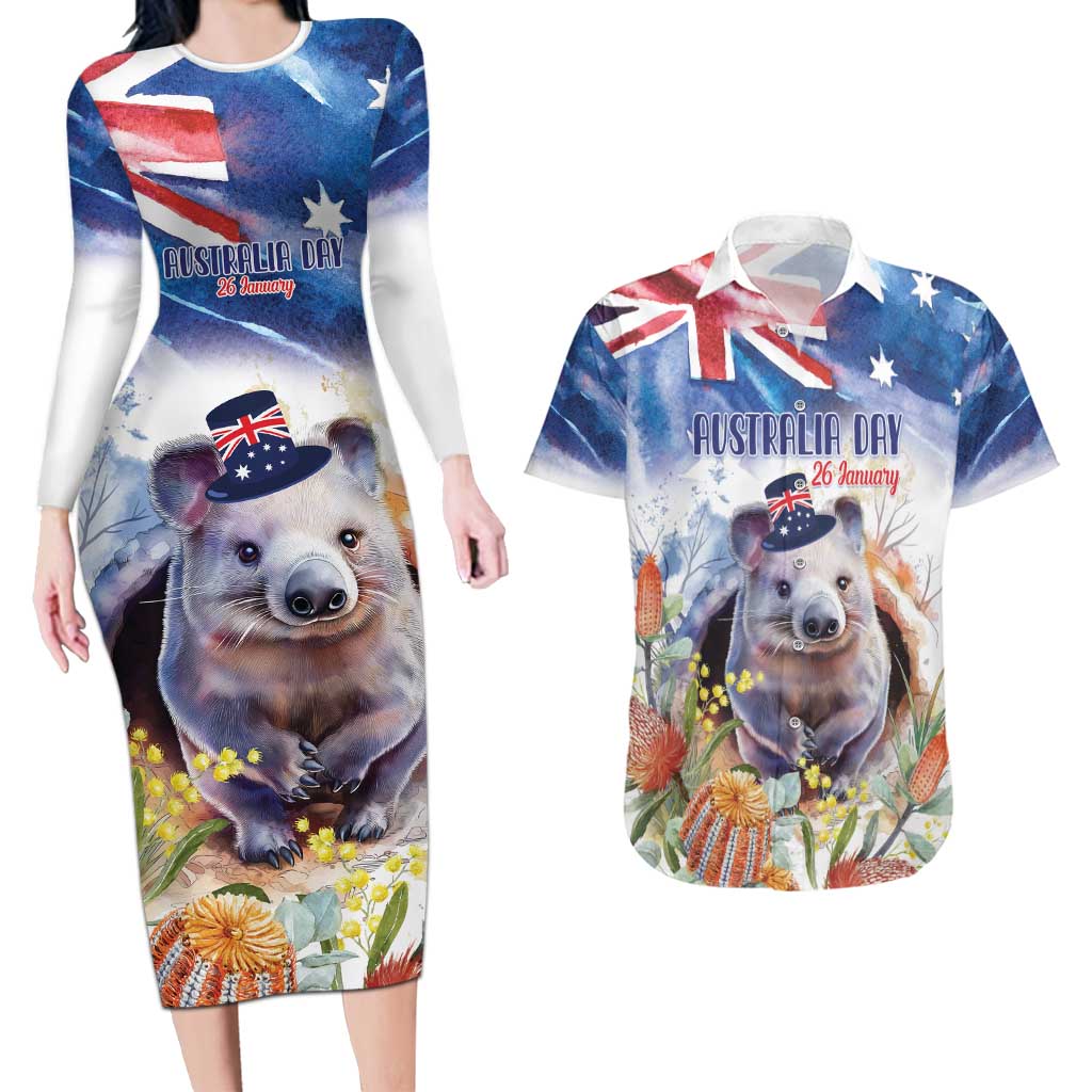 Wombat Australia Day Couples Matching Long Sleeve Bodycon Dress and Hawaiian Shirt Happy 26 January - Banksia Watercolor