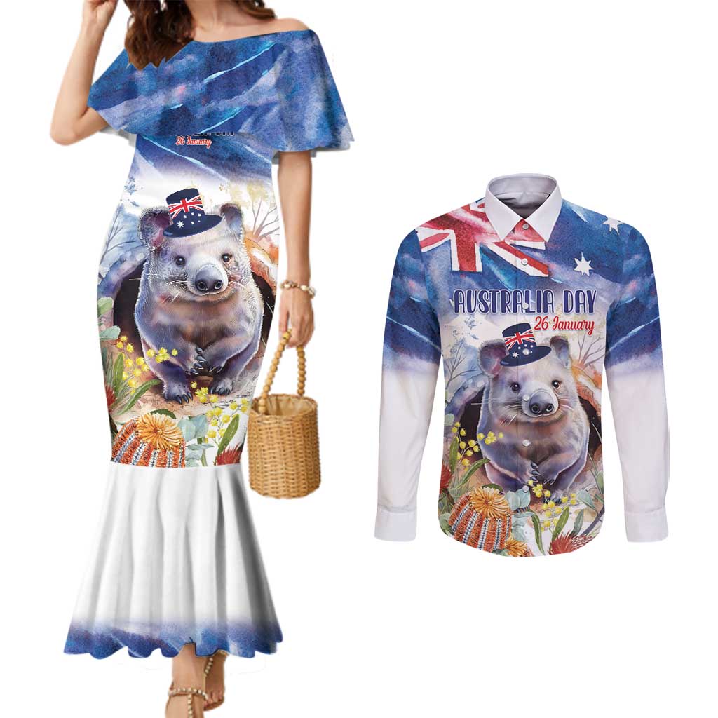 Wombat Australia Day Couples Matching Mermaid Dress and Long Sleeve Button Shirt Happy 26 January - Banksia Watercolor