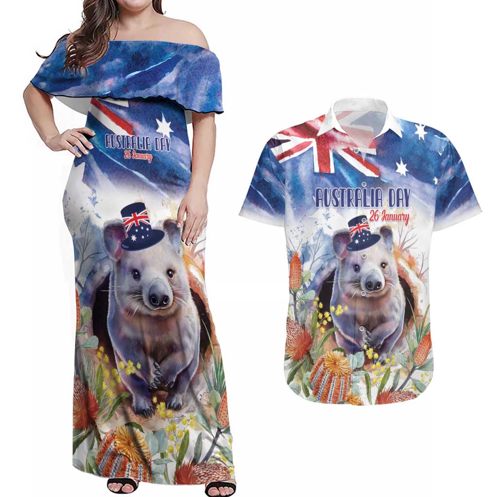 Wombat Australia Day Couples Matching Off Shoulder Maxi Dress and Hawaiian Shirt Happy 26 January - Banksia Watercolor