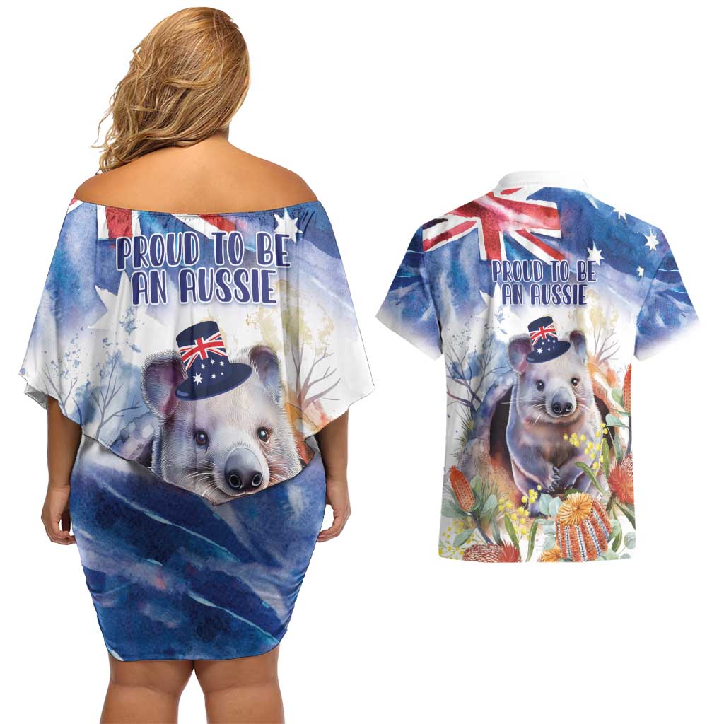 Wombat Australia Day Couples Matching Off Shoulder Short Dress and Hawaiian Shirt Happy 26 January - Banksia Watercolor