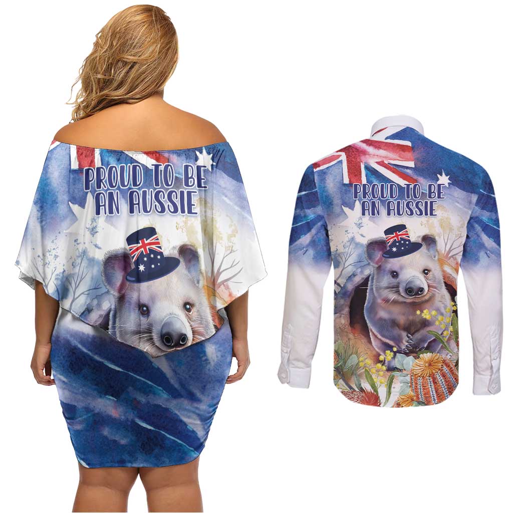 Wombat Australia Day Couples Matching Off Shoulder Short Dress and Long Sleeve Button Shirt Happy 26 January - Banksia Watercolor