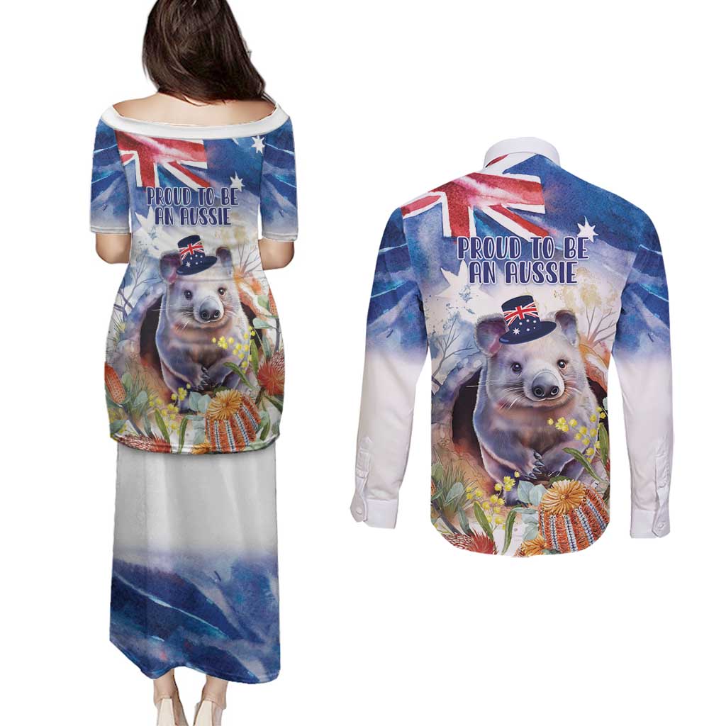 Wombat Australia Day Couples Matching Puletasi and Long Sleeve Button Shirt Happy 26 January - Banksia Watercolor