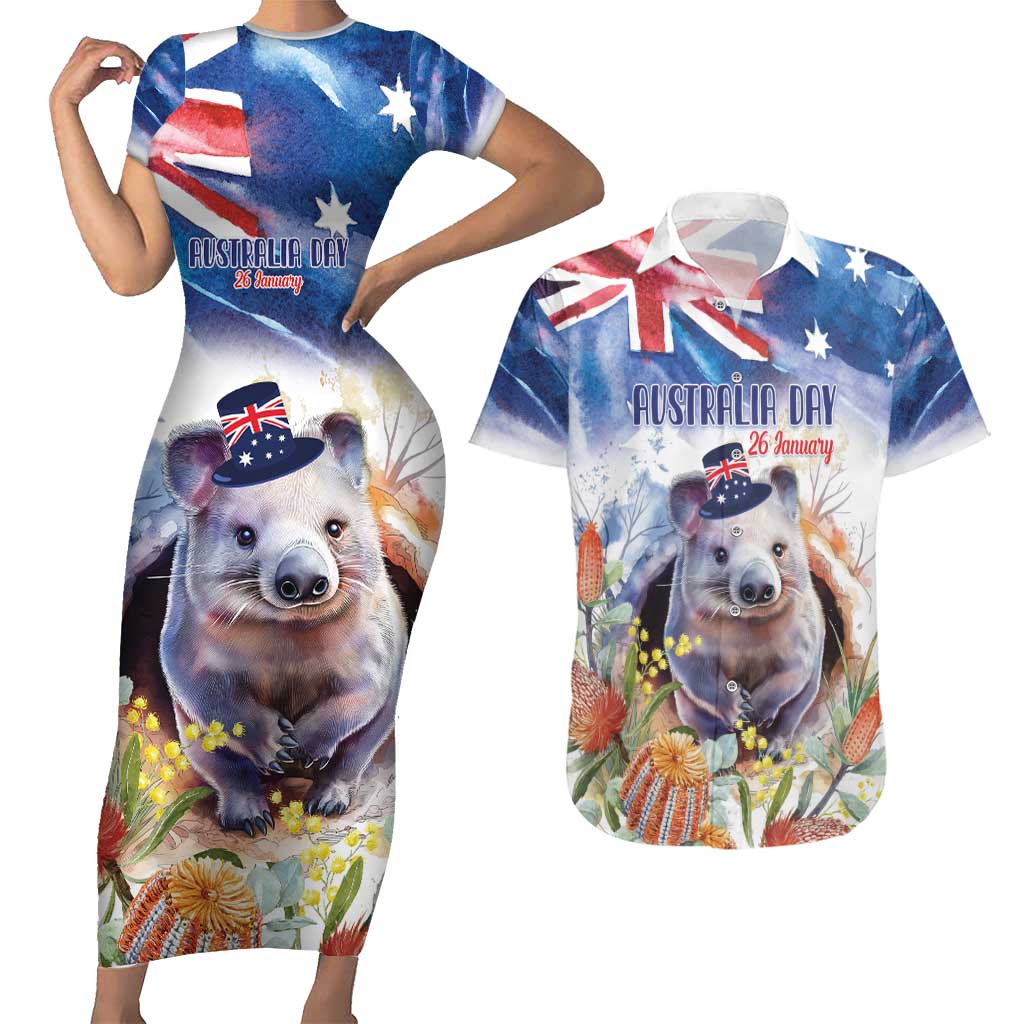 Wombat Australia Day Couples Matching Short Sleeve Bodycon Dress and Hawaiian Shirt Happy 26 January - Banksia Watercolor