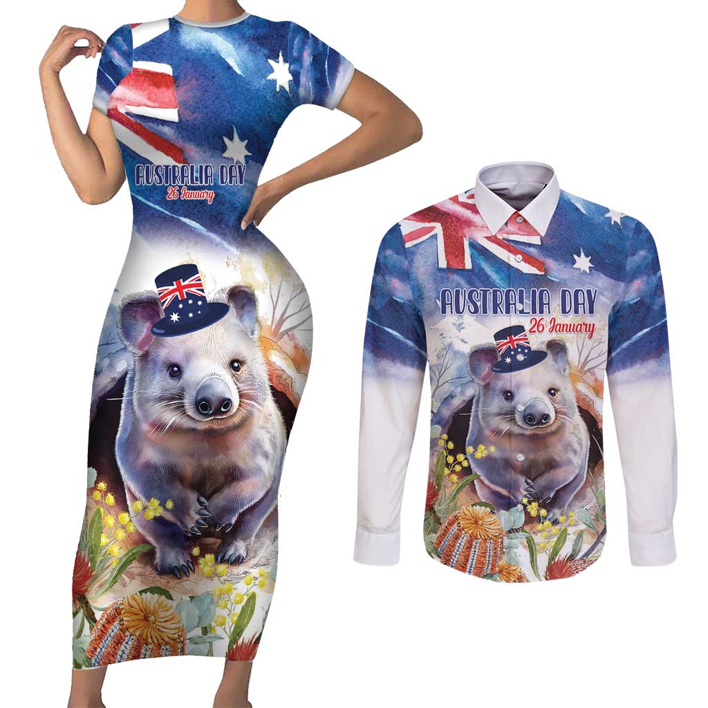 Wombat Australia Day Couples Matching Short Sleeve Bodycon Dress and Long Sleeve Button Shirt Happy 26 January - Banksia Watercolor