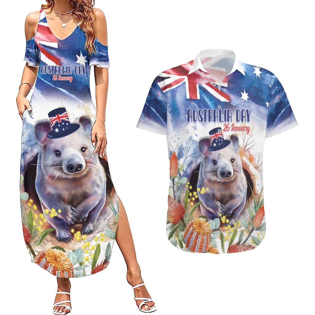 Wombat Australia Day Couples Matching Summer Maxi Dress and Hawaiian Shirt Happy 26 January - Banksia Watercolor