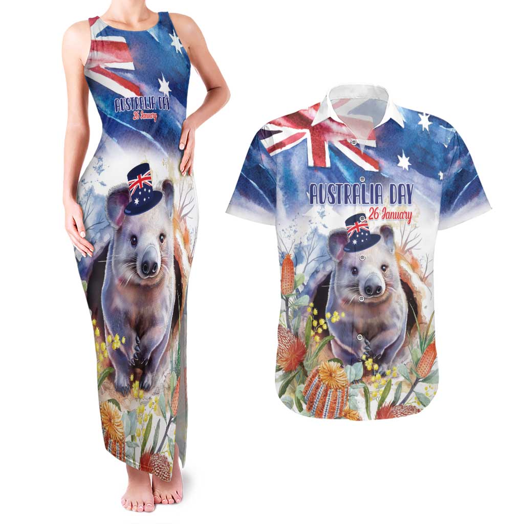 Wombat Australia Day Couples Matching Tank Maxi Dress and Hawaiian Shirt Happy 26 January - Banksia Watercolor