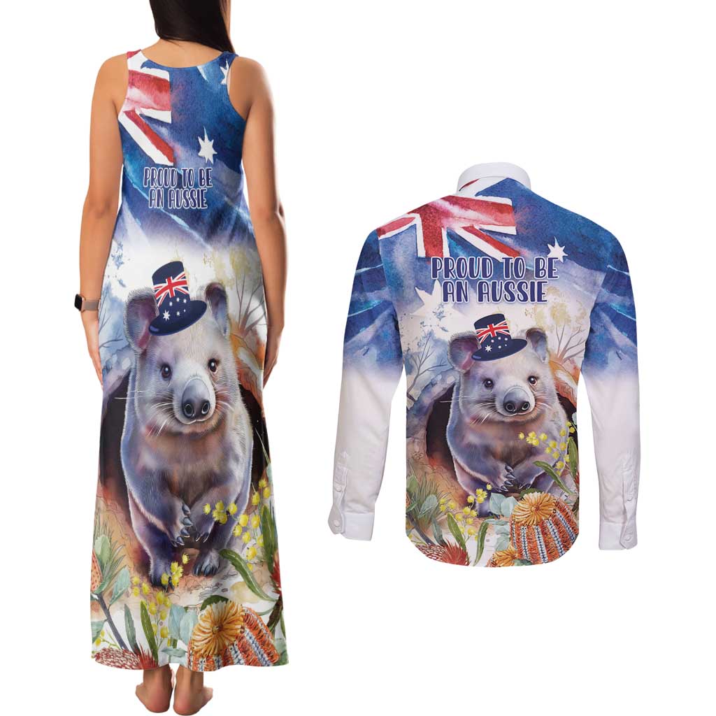 Wombat Australia Day Couples Matching Tank Maxi Dress and Long Sleeve Button Shirt Happy 26 January - Banksia Watercolor