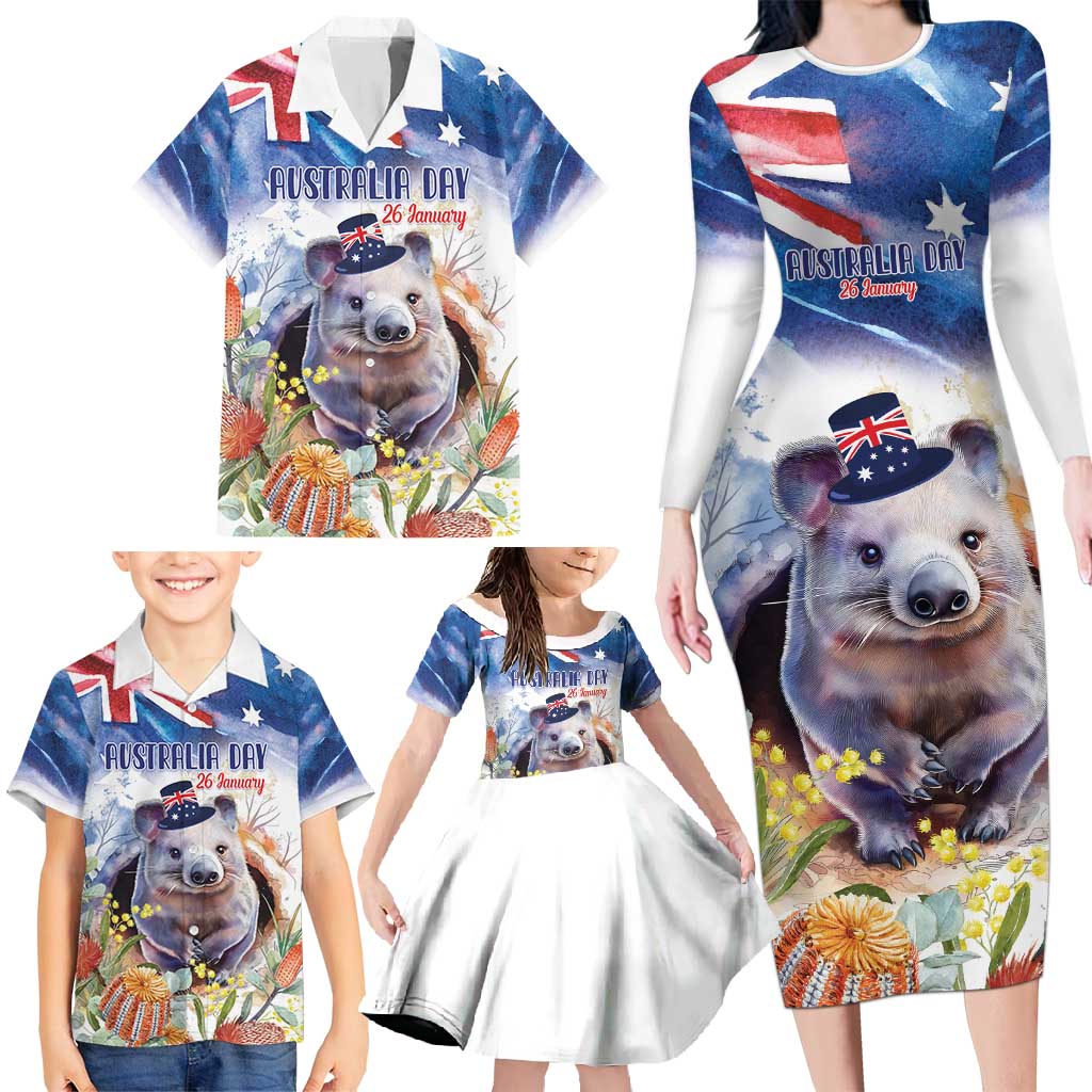 Wombat Australia Day Family Matching Long Sleeve Bodycon Dress and Hawaiian Shirt Happy 26 January - Banksia Watercolor