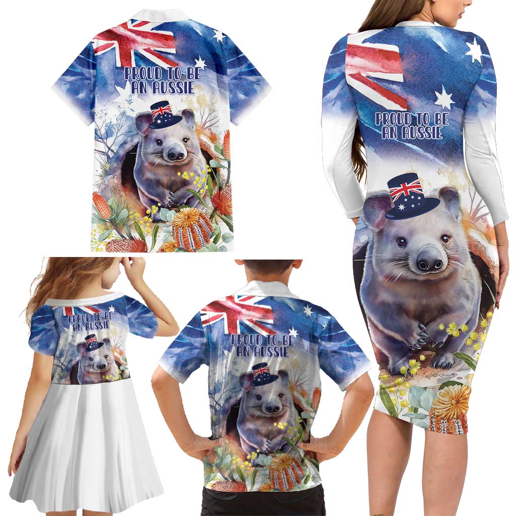 Wombat Australia Day Family Matching Long Sleeve Bodycon Dress and Hawaiian Shirt Happy 26 January - Banksia Watercolor