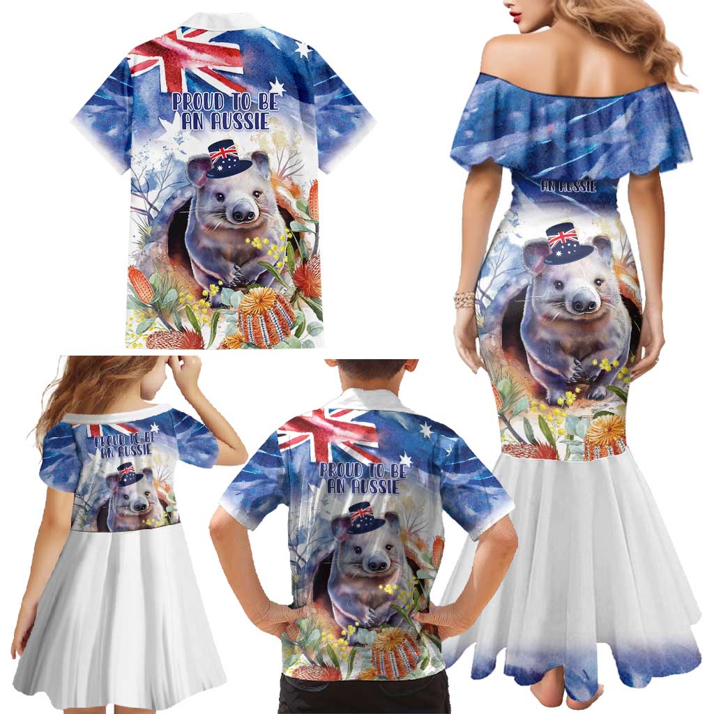 Wombat Australia Day Family Matching Mermaid Dress and Hawaiian Shirt Happy 26 January - Banksia Watercolor