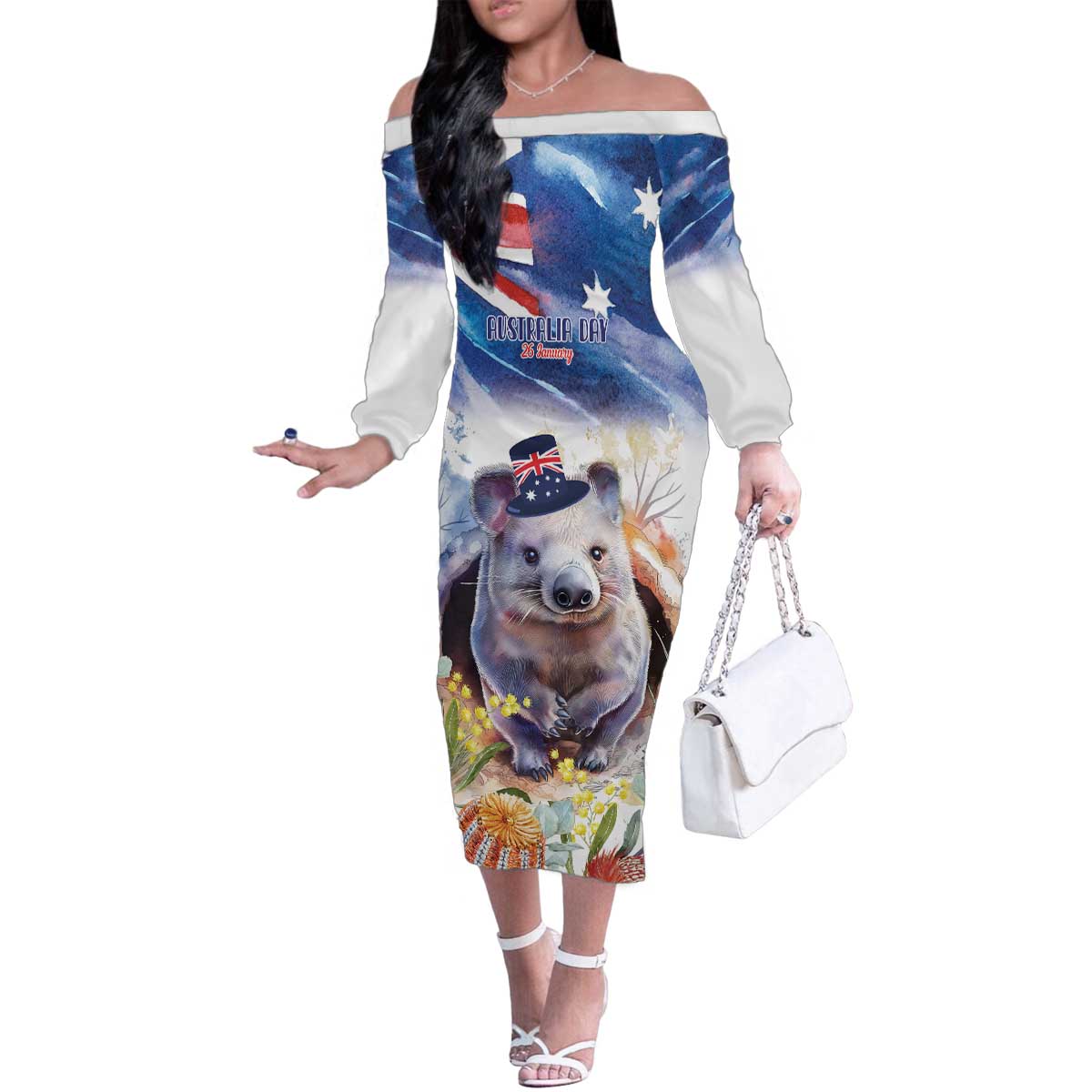 Wombat Australia Day Family Matching Off The Shoulder Long Sleeve Dress and Hawaiian Shirt Happy 26 January - Banksia Watercolor