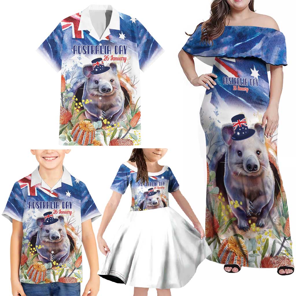 Wombat Australia Day Family Matching Off Shoulder Maxi Dress and Hawaiian Shirt Happy 26 January - Banksia Watercolor