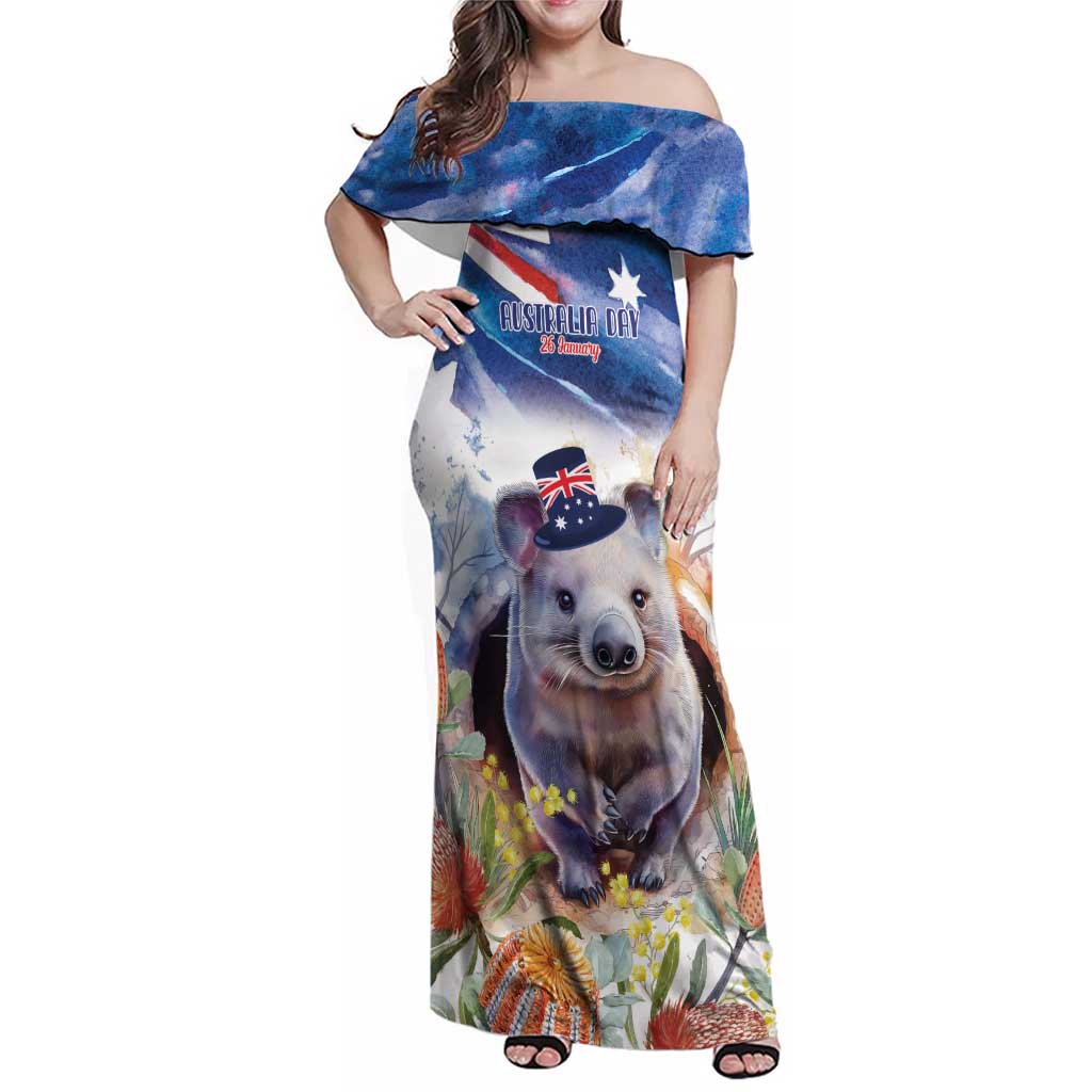 Wombat Australia Day Family Matching Off Shoulder Maxi Dress and Hawaiian Shirt Happy 26 January - Banksia Watercolor