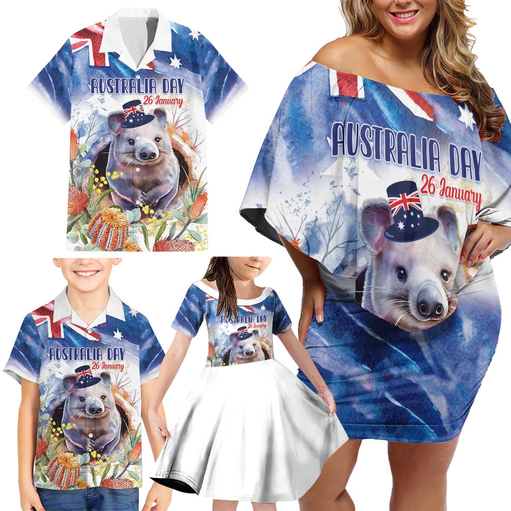 Wombat Australia Day Family Matching Off Shoulder Short Dress and Hawaiian Shirt Happy 26 January - Banksia Watercolor