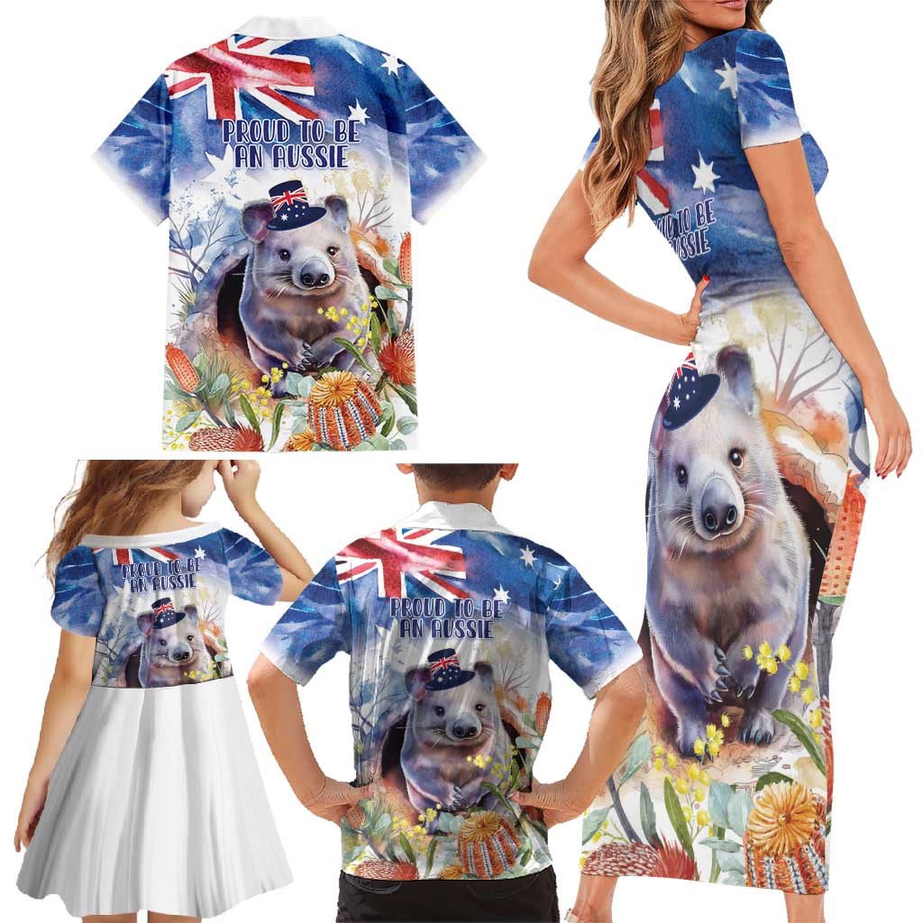 Wombat Australia Day Family Matching Short Sleeve Bodycon Dress and Hawaiian Shirt Happy 26 January - Banksia Watercolor