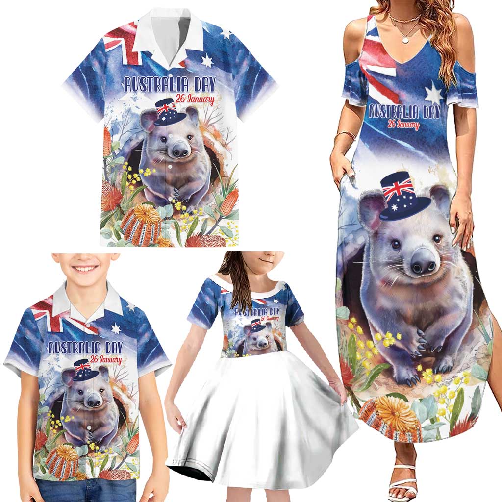 Wombat Australia Day Family Matching Summer Maxi Dress and Hawaiian Shirt Happy 26 January - Banksia Watercolor