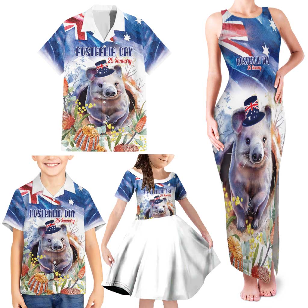 Wombat Australia Day Family Matching Tank Maxi Dress and Hawaiian Shirt Happy 26 January - Banksia Watercolor